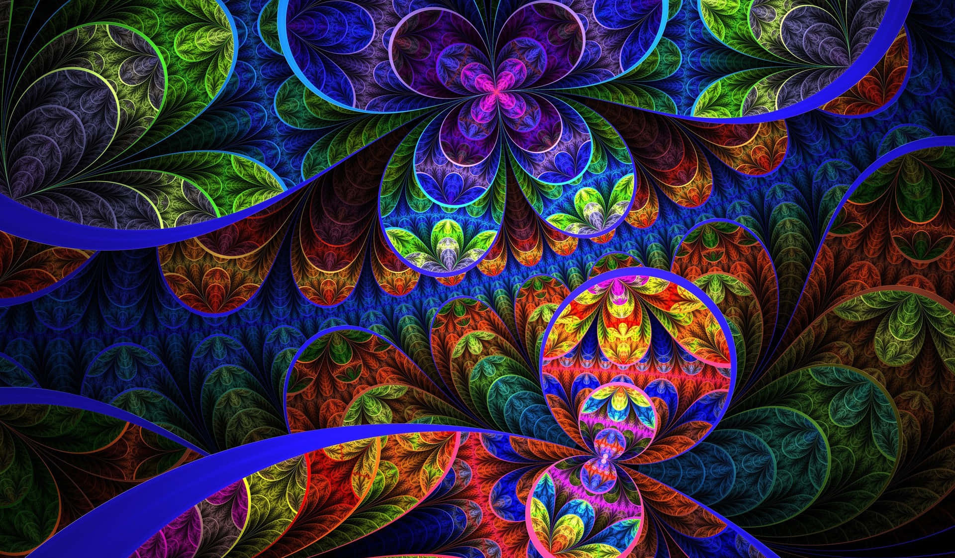 Trippy 3d Art 桌布 壁紙 — 充滿活力的分形圖案在深色背景上以藍色、綠色和橙色的迷幻色調旋轉。