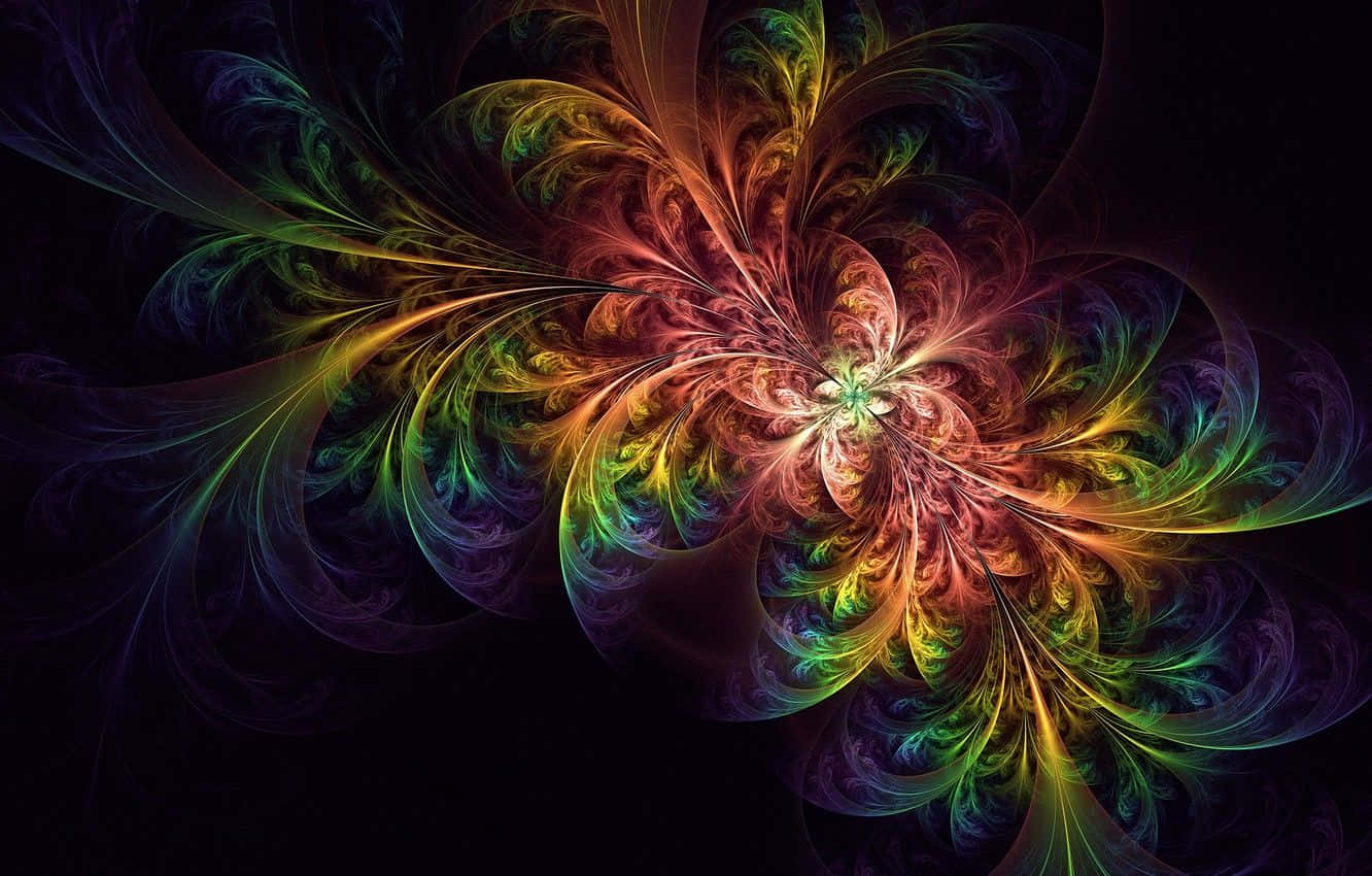 Abstraction 桌布 壁紙 — 充滿活力的分形圖案在深黑色背景上形成燦爛的彩虹爆炸漩渦。