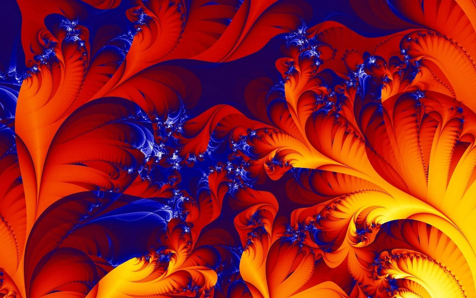 Orange And Blue 桌布 壁紙 — 充滿活力的分形圖案在火橙色和深藍色中旋轉，形成動態的抽象構圖。