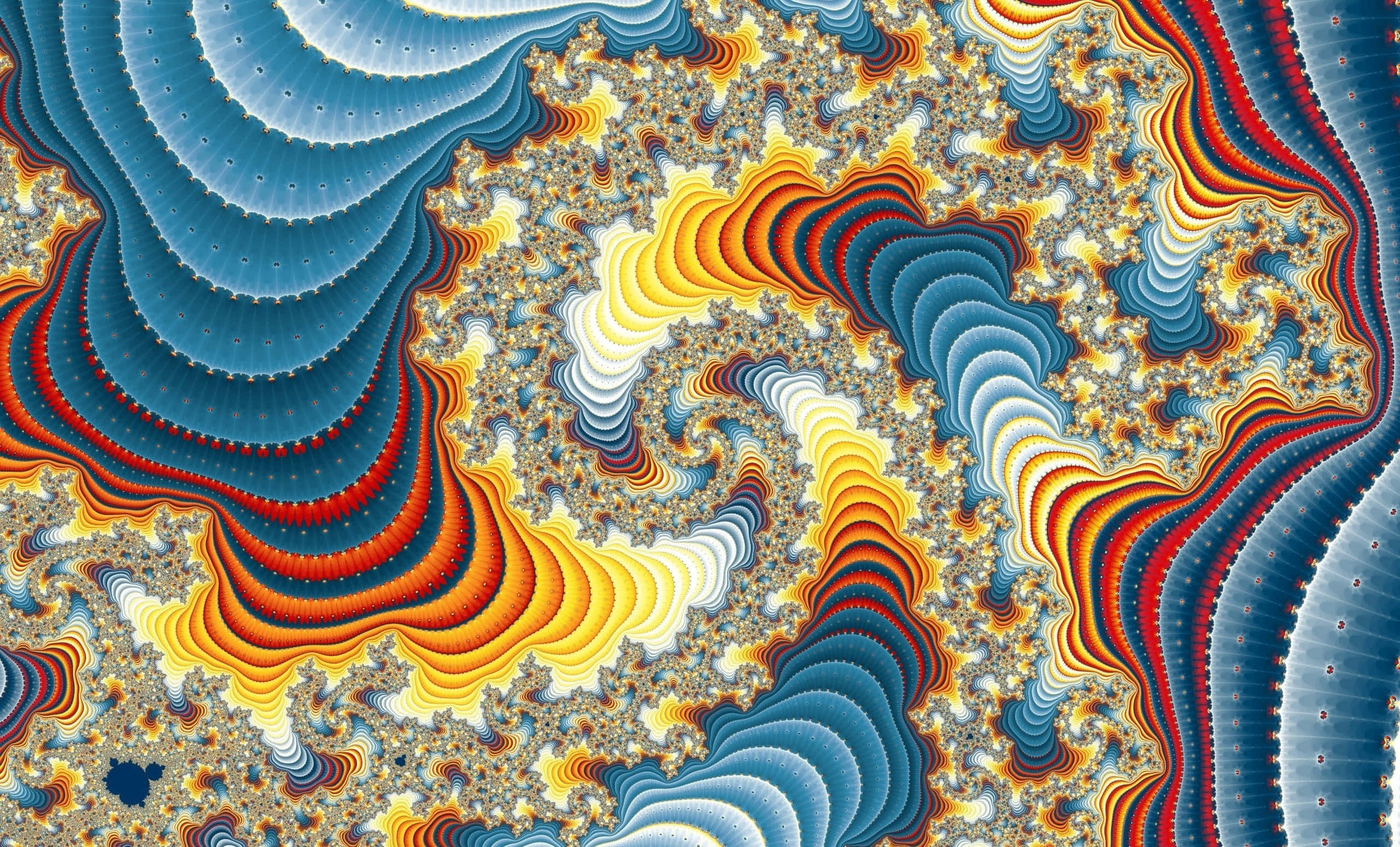 Psychedelic 3d Art 桌布 壁紙 — 充滿活力的分形圖案在火熱的橙色和冷藍色中旋轉，創造出複雜的數位藝術品。