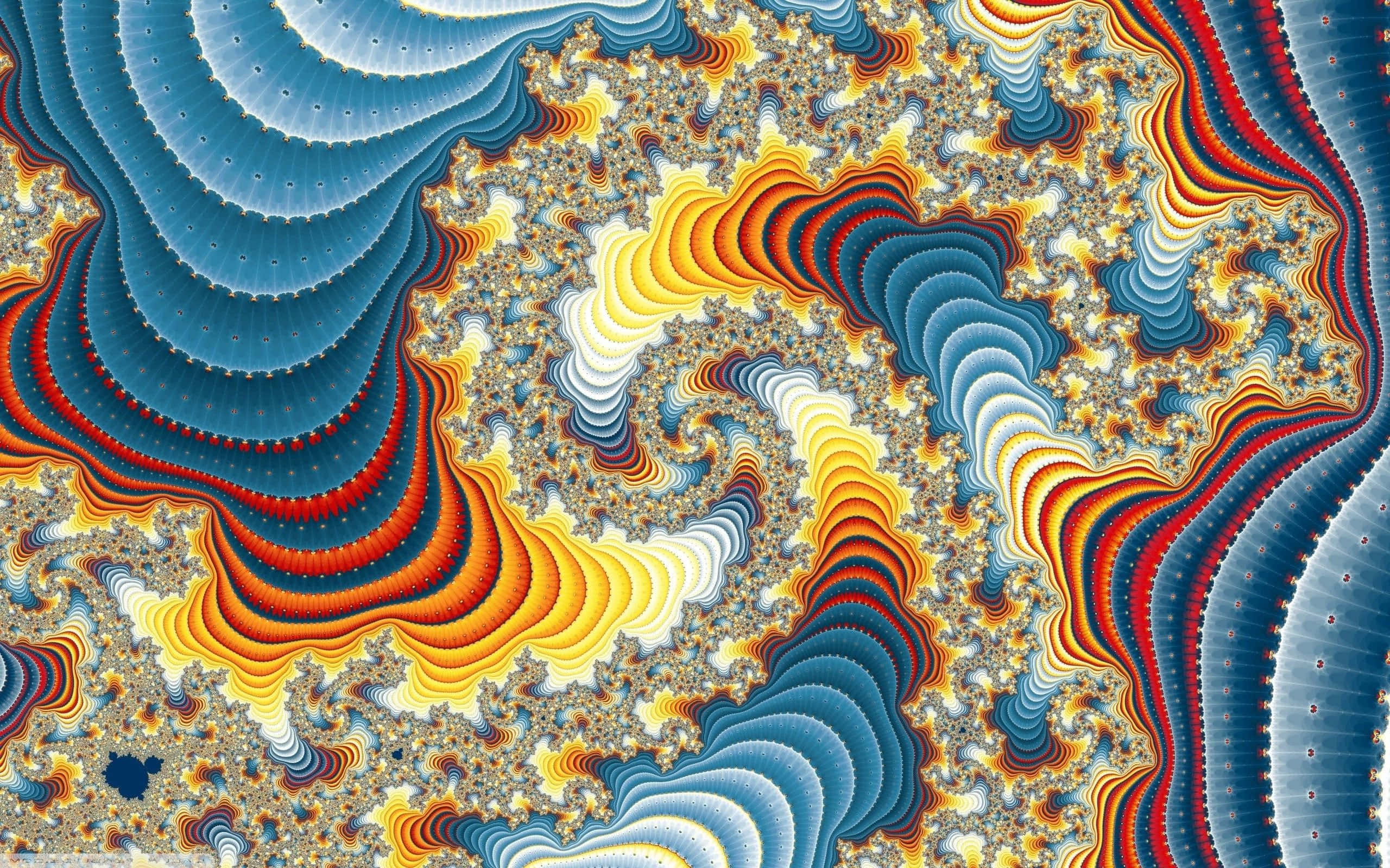 Psychedelic Nature 桌布 壁紙 — 充滿活力的分形圖案在熾熱的橙色、紅色和冷藍色中旋轉，創造出複雜而迷人的數位藝術作品。