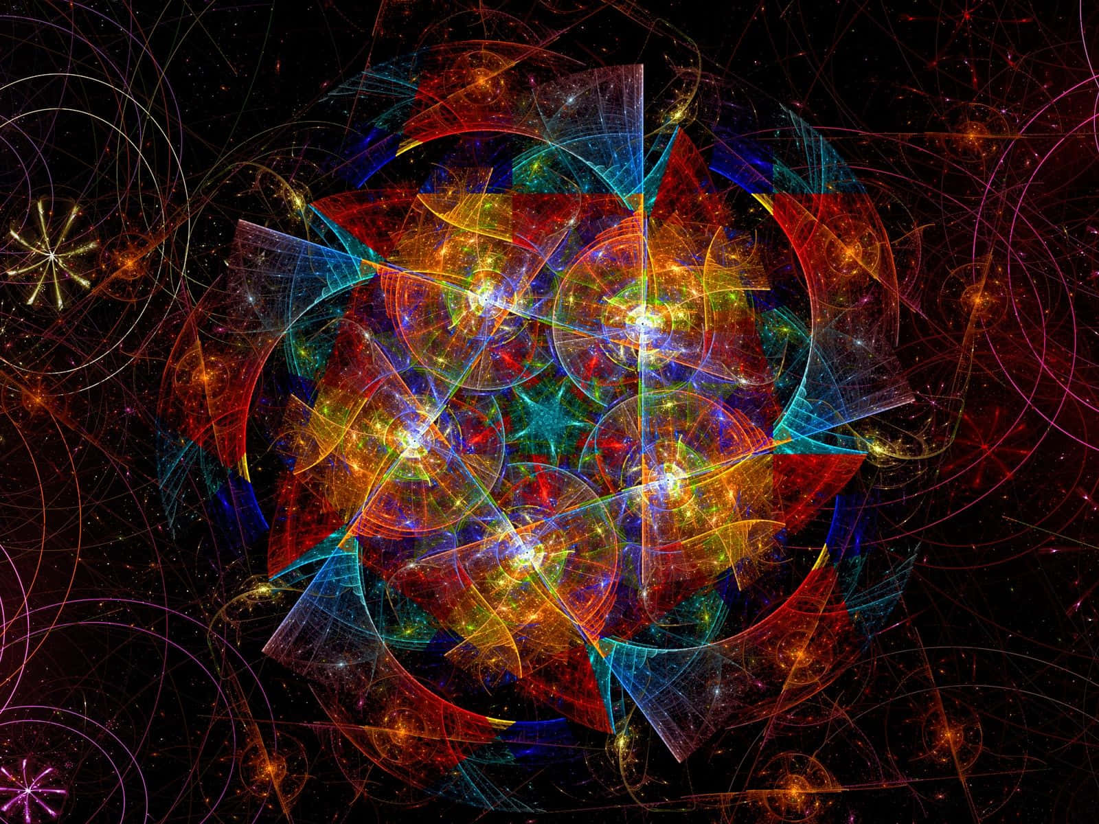 Abstraction 桌布 壁紙 — 充滿活力的分形圖案在繁星點點的宇宙黑色背景上以火紅、藍色和黃色爆炸開來。