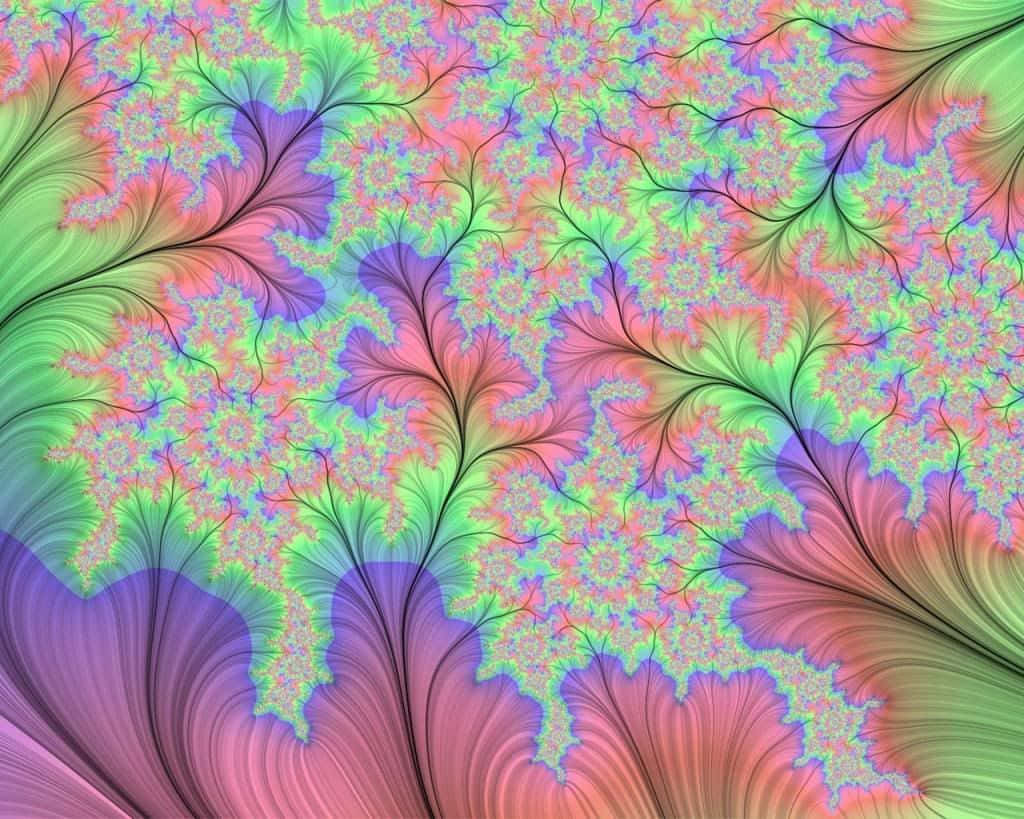 Pastel Tie Dye 桌布 壁紙 — 充滿活力的分形圖案在霓虹粉紅、綠色和紫色中綻放，帶有黑色分支脈絡，營造出迷幻的數位藝術作品。