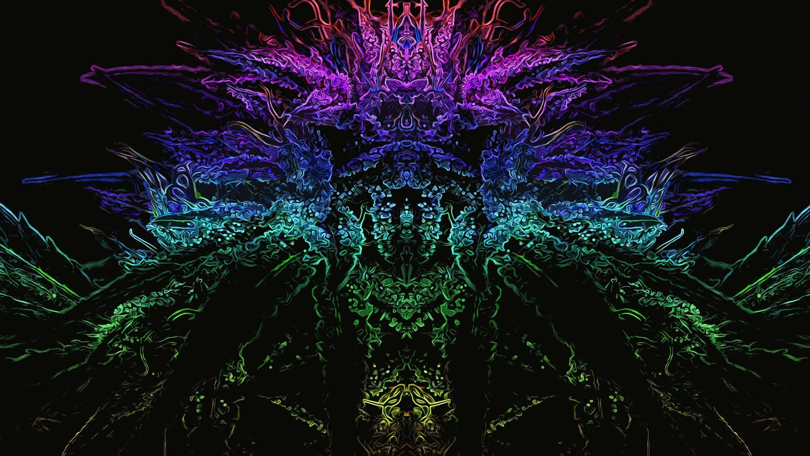 大麻 桌布 壁紙 — 充滿活力的分形圖案在黑色虛空中以霓虹紫、藍和綠色爆炸，形成對稱的宇宙曼陀羅。
