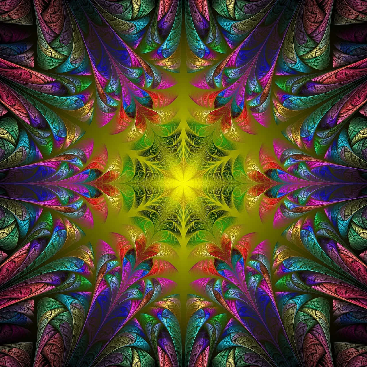 Psychedelic Fractals 桌布 壁紙 — 充滿活力的分形圖案從發光的黃色中心輻射出來，形成萬花筒般的霓虹色彩爆炸。
