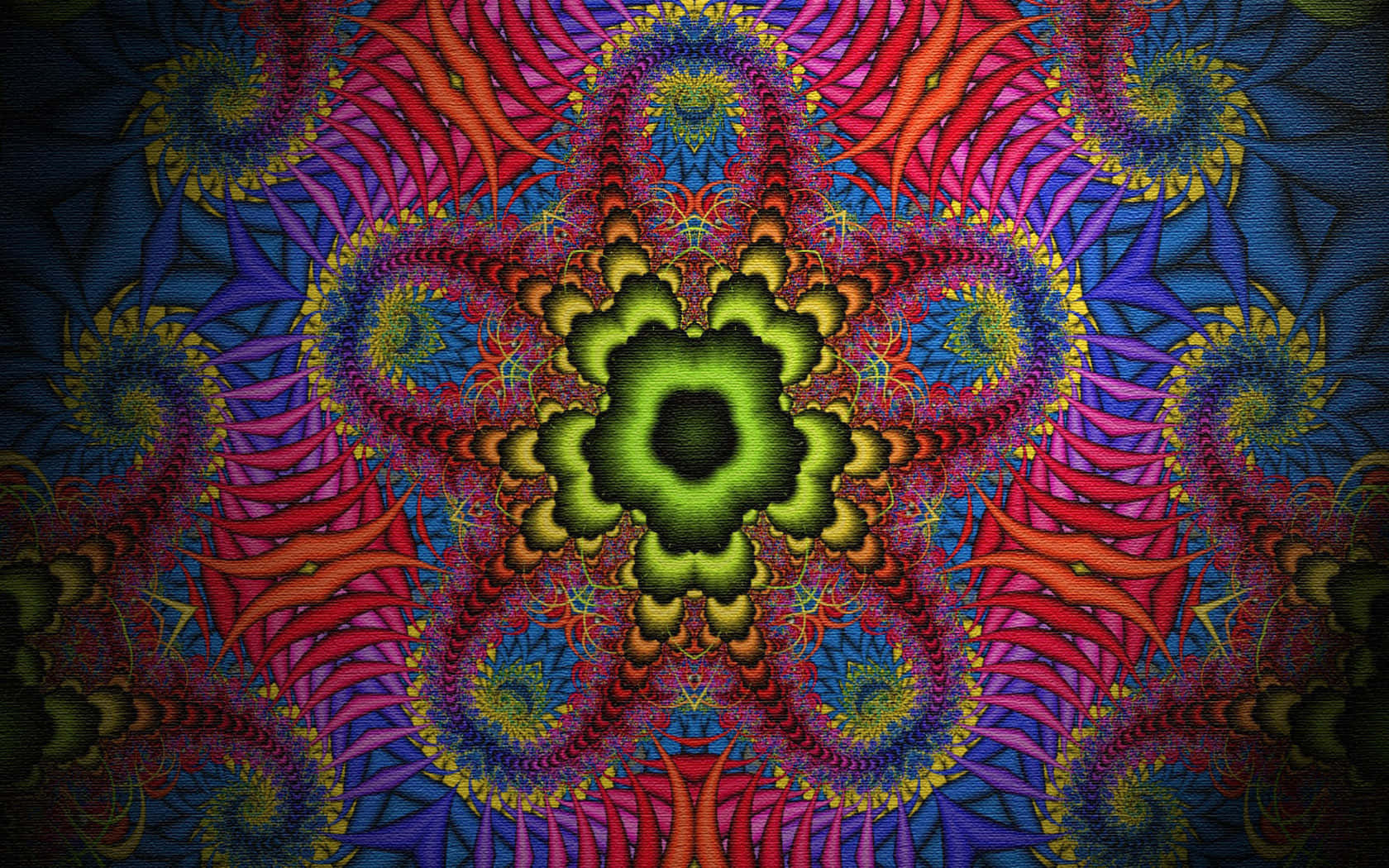 Fine Arts 桌布 壁紙 — 充滿活力的分形曼陀羅從發光的綠色中心輻射出來，帶有紅色、藍色和黃色的對稱花瓣。