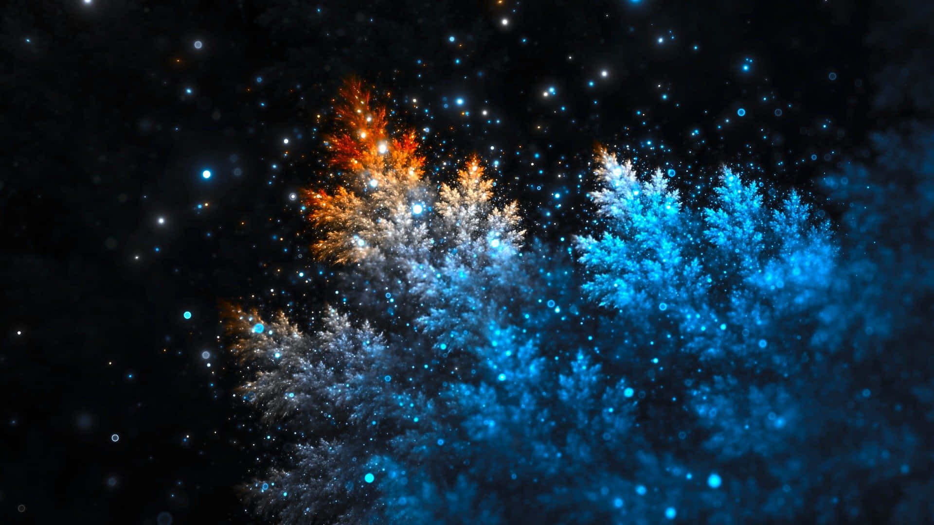 Trippy Fractals 桌布 壁紙 — 充滿活力的分形樹在星空宇宙背景下閃耀著火熱的橙色和冰冷的藍色。
