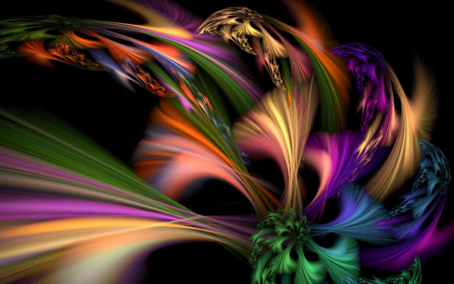 Mix Color 桌布 壁紙 — 充滿活力的分形絲帶在深黑色畫布上以電光色調旋轉，營造出色彩與動感的動態數位爆炸效果。