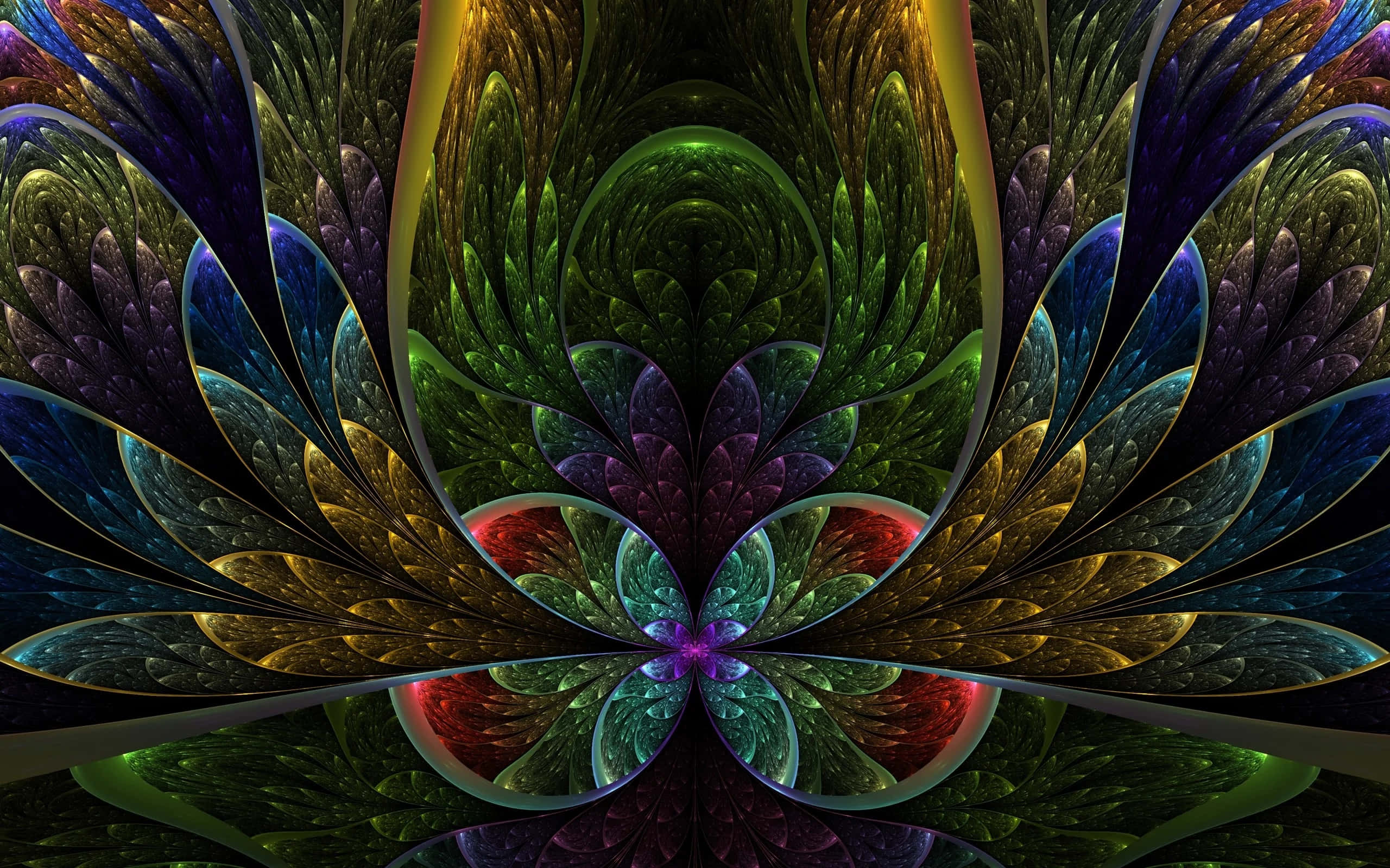 Psychedelic Fractals 桌布 壁紙 — 充滿活力的分形翅膀以綠色、金色、藍色和紫色的色調對稱向外輻射。