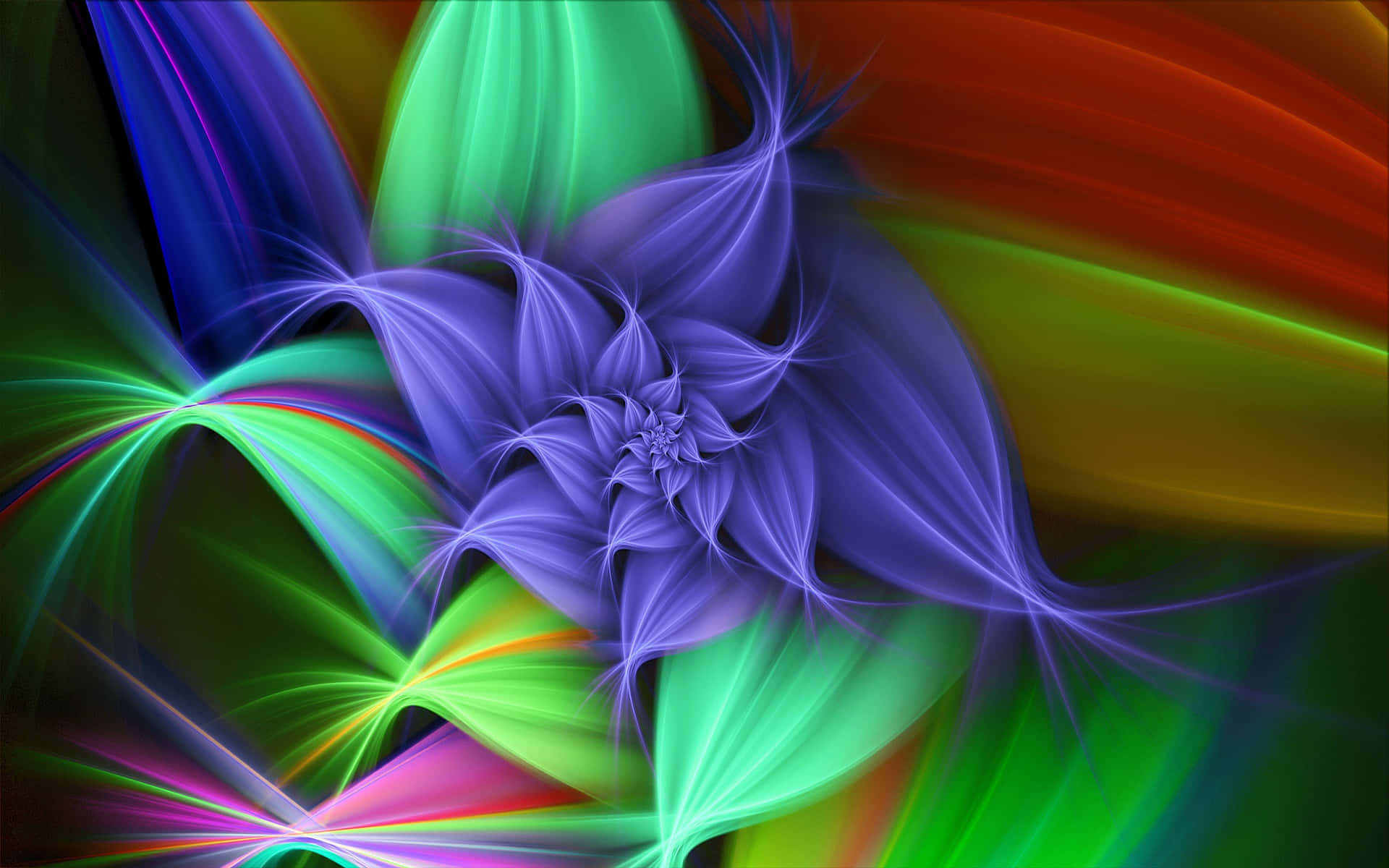 3d Abstract 桌布 壁紙 — 充滿活力的分形花朵，帶有旋轉的紫色花瓣，在彩虹漸變背景上綻放光芒。