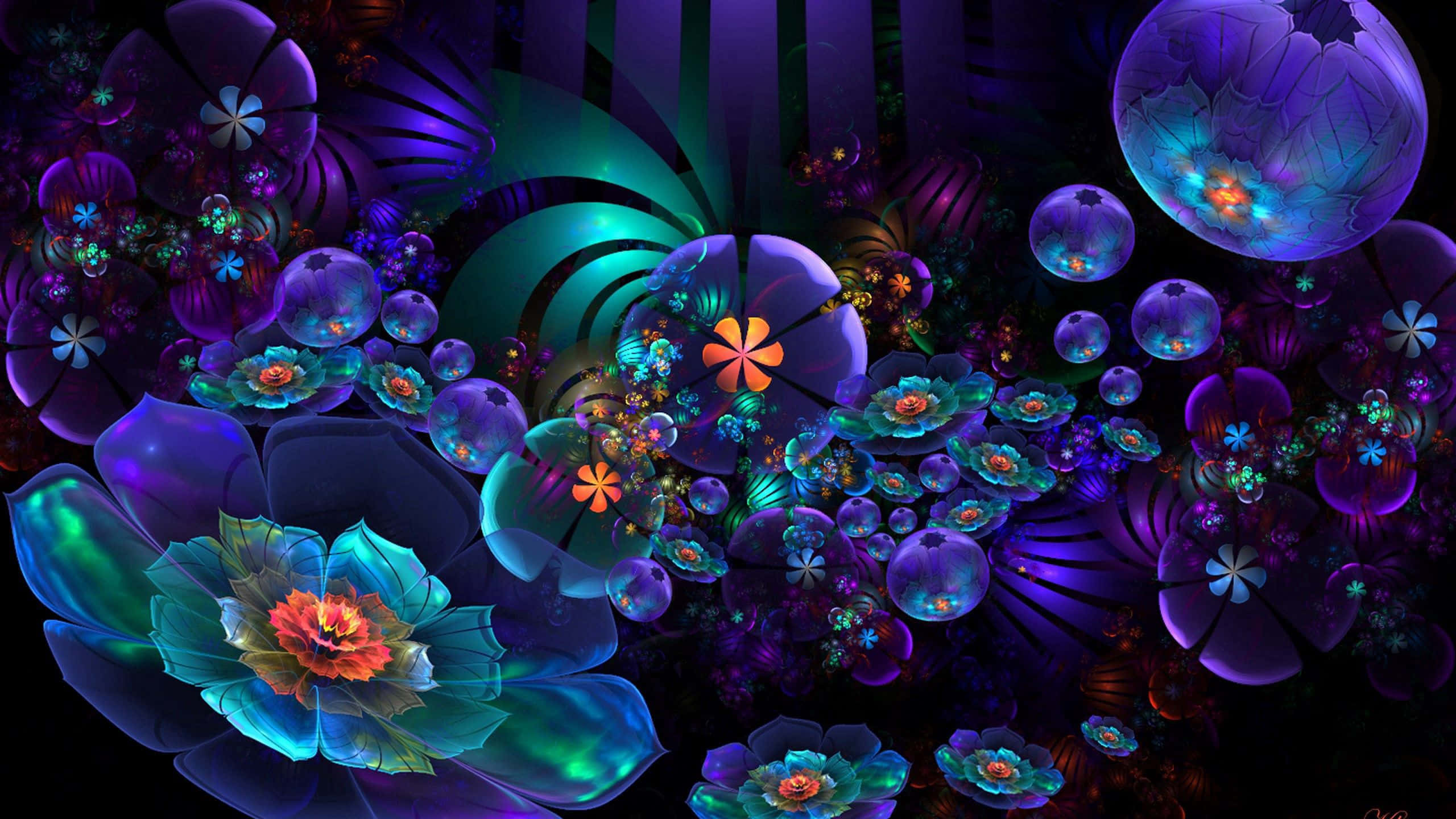 Psychedelic Fractals 桌布 壁紙 — 充滿活力的分形花朵在黑暗的宇宙背景下發出電光藍、紫和橙色的光芒。