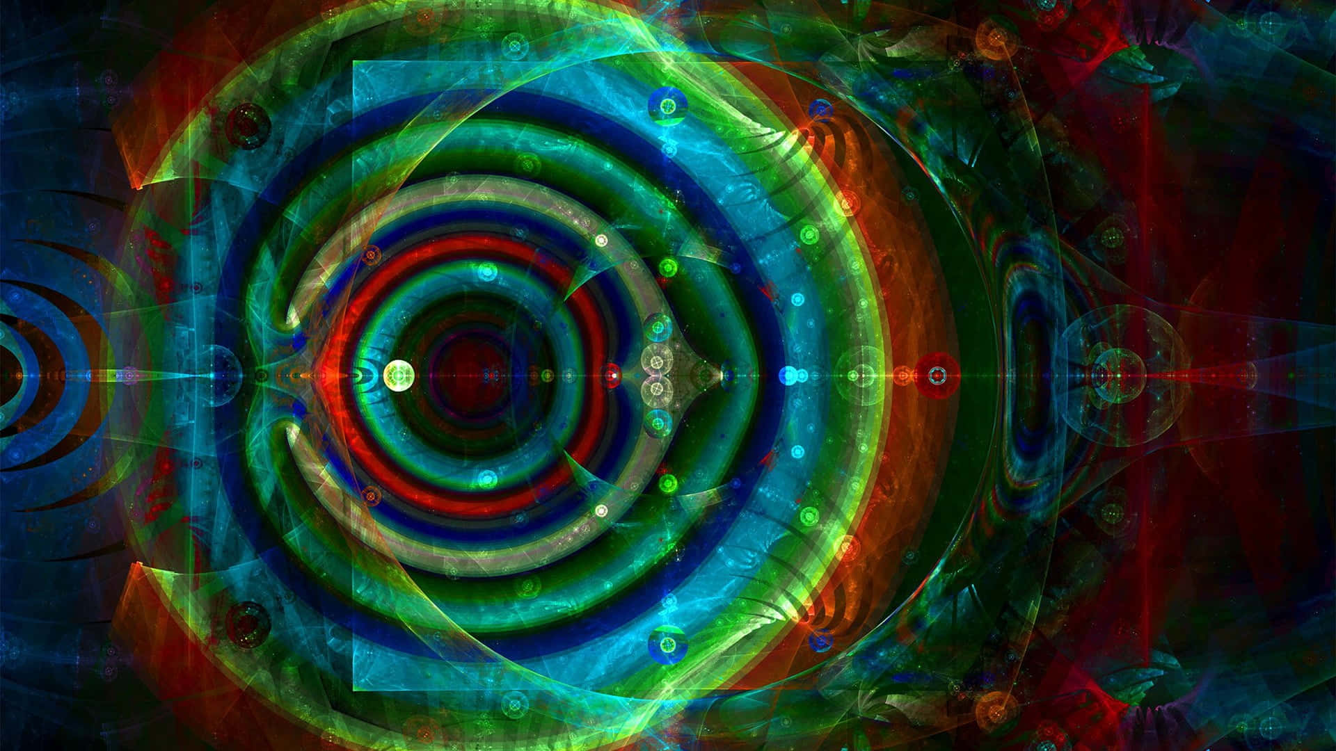 Trippy Fractals 桌布 壁紙 — 充滿活力的分形螺旋，以電光藍、綠和火紅色從發光的中心向黑暗的宇宙背景輻射。