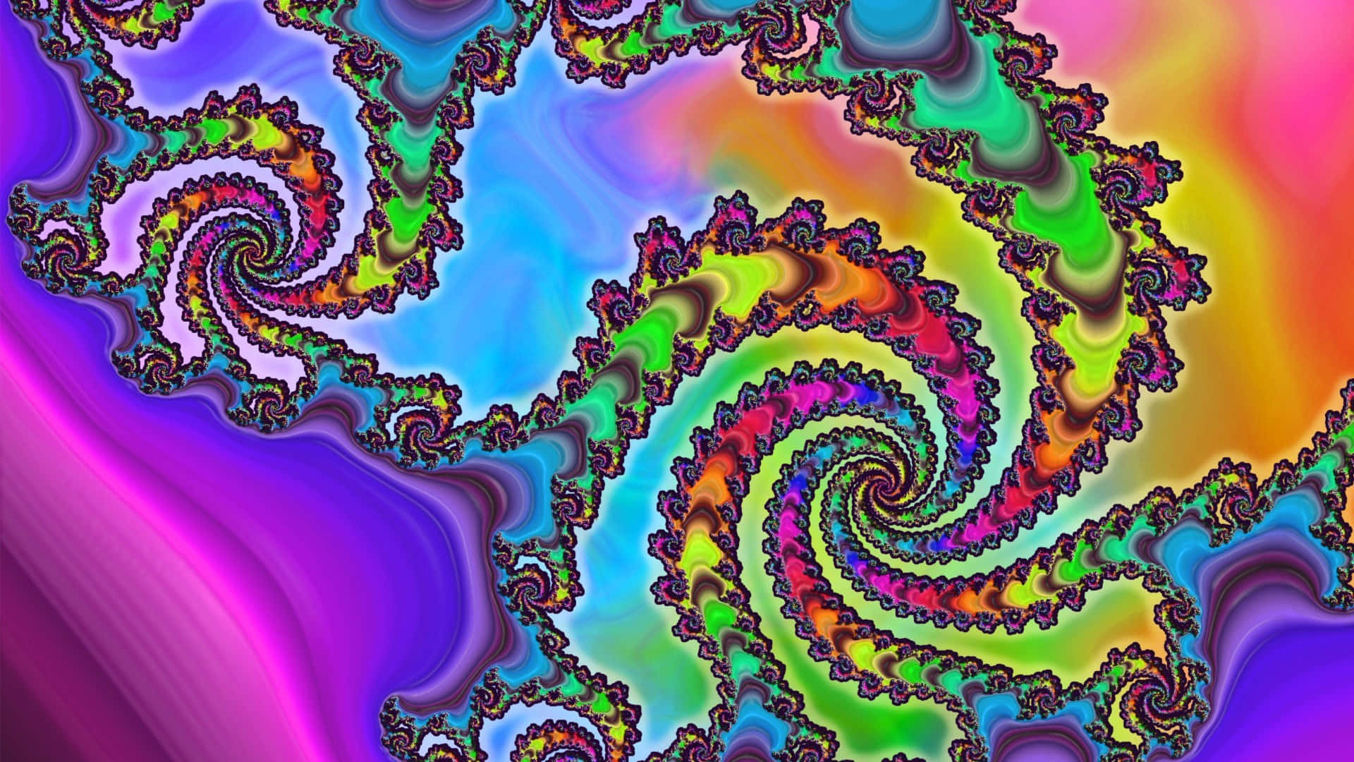 Psychedelic Fractals 桌布 壁紙 — 充滿活力的分形螺旋在漸變背景上扭曲成迷幻的彩虹色調。