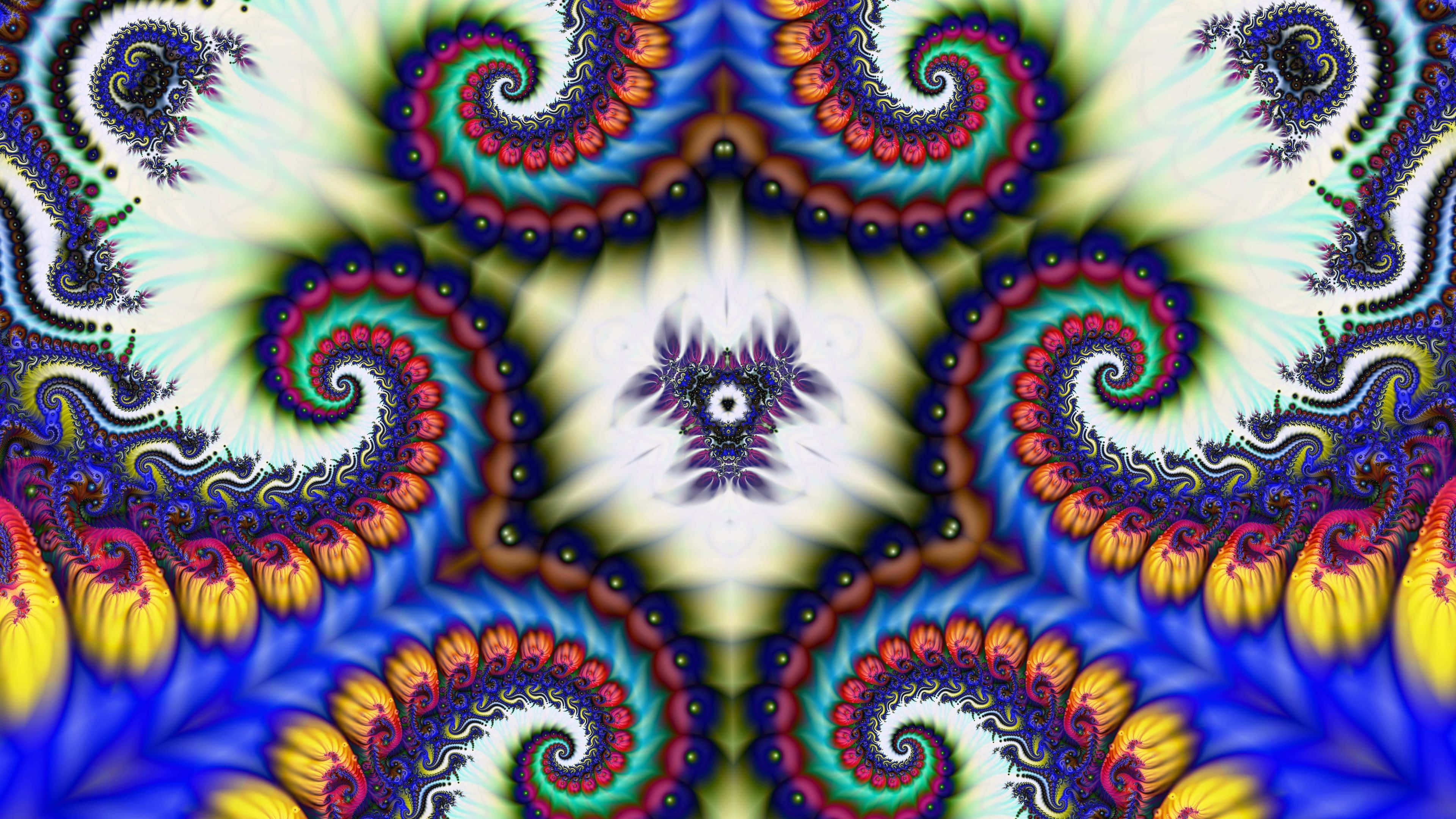 Trippy Fractals 桌布 壁紙 — 充滿活力的分形螺旋在發光的白色中心背景下，以電光藍、粉紅和黃色的萬花筒般爆發向外輻射。