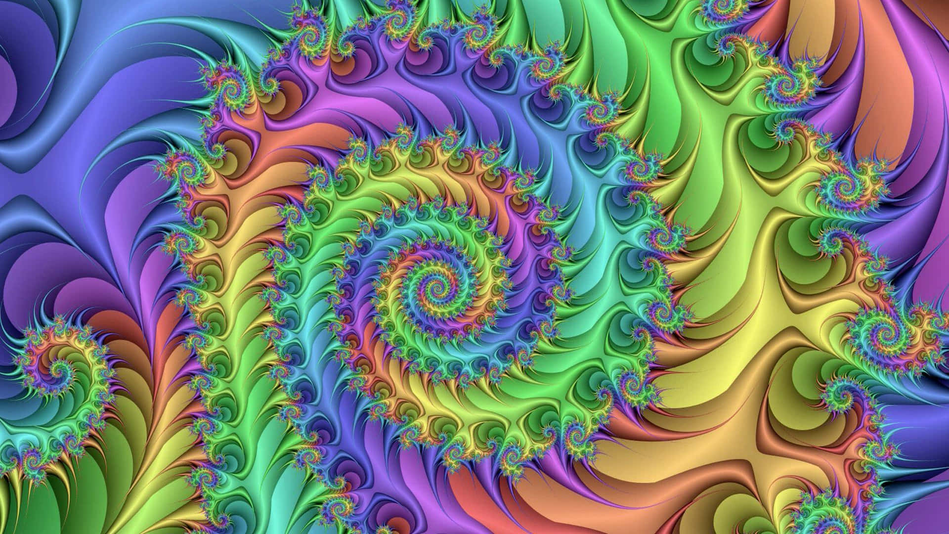 Trippy 3d Art 桌布 壁紙 — 充滿活力的分形螺旋在霓虹色彩的彩虹漸變中旋轉，創造出迷人的數位藝術作品。