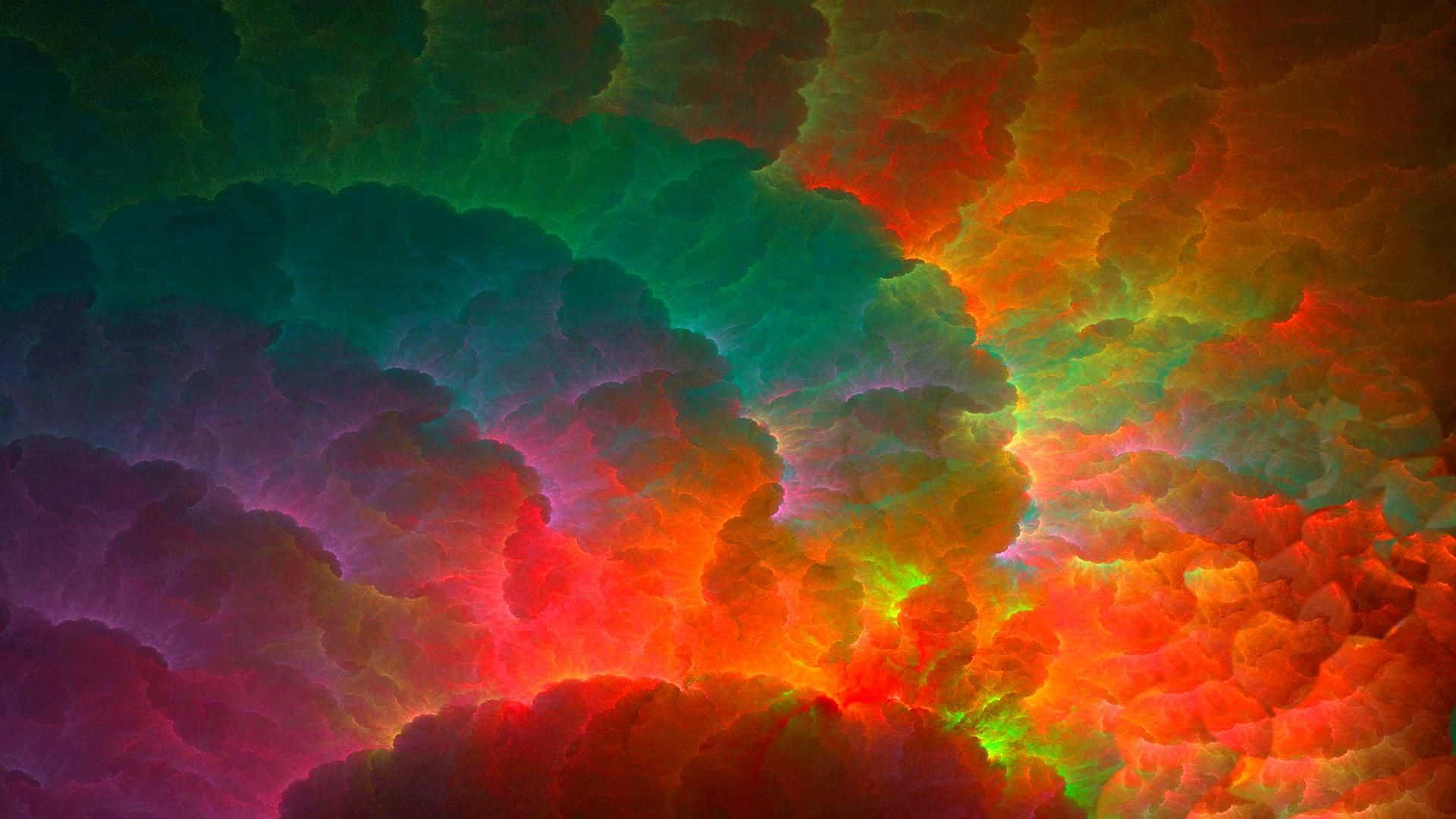 彩虹美學 桌布 壁紙 — 充滿活力的分形雲在火紅、綠色和紫色中旋轉，營造出超現實的宇宙星雲效果。