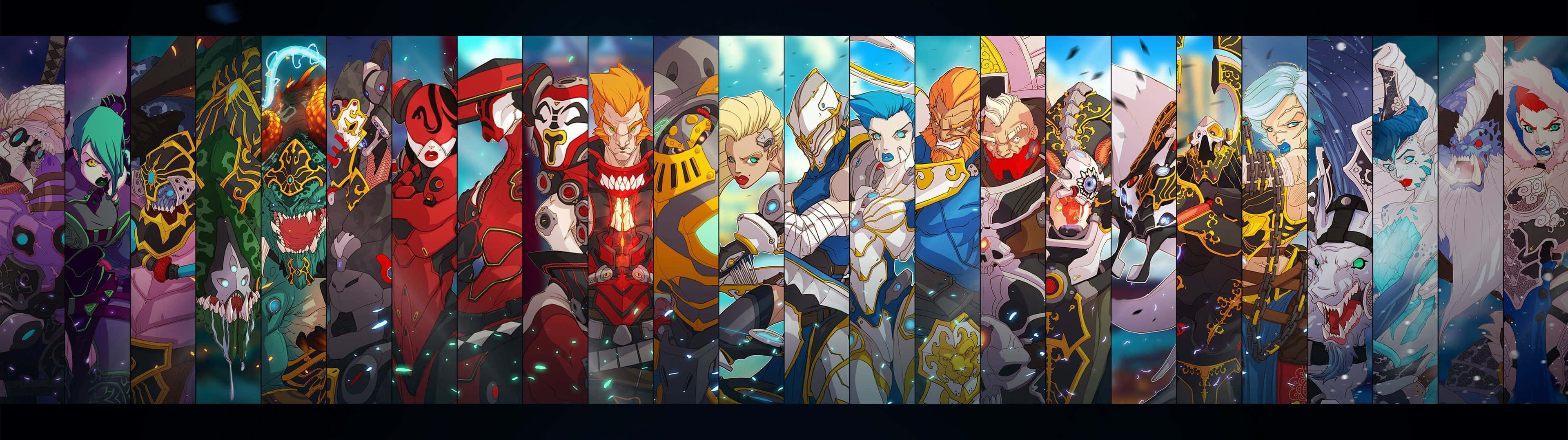 Anime Collage 桌布 壁紙 — 充滿活力的動漫壁紙，展示了一系列風格化的奇幻角色，姿勢動感十足。
