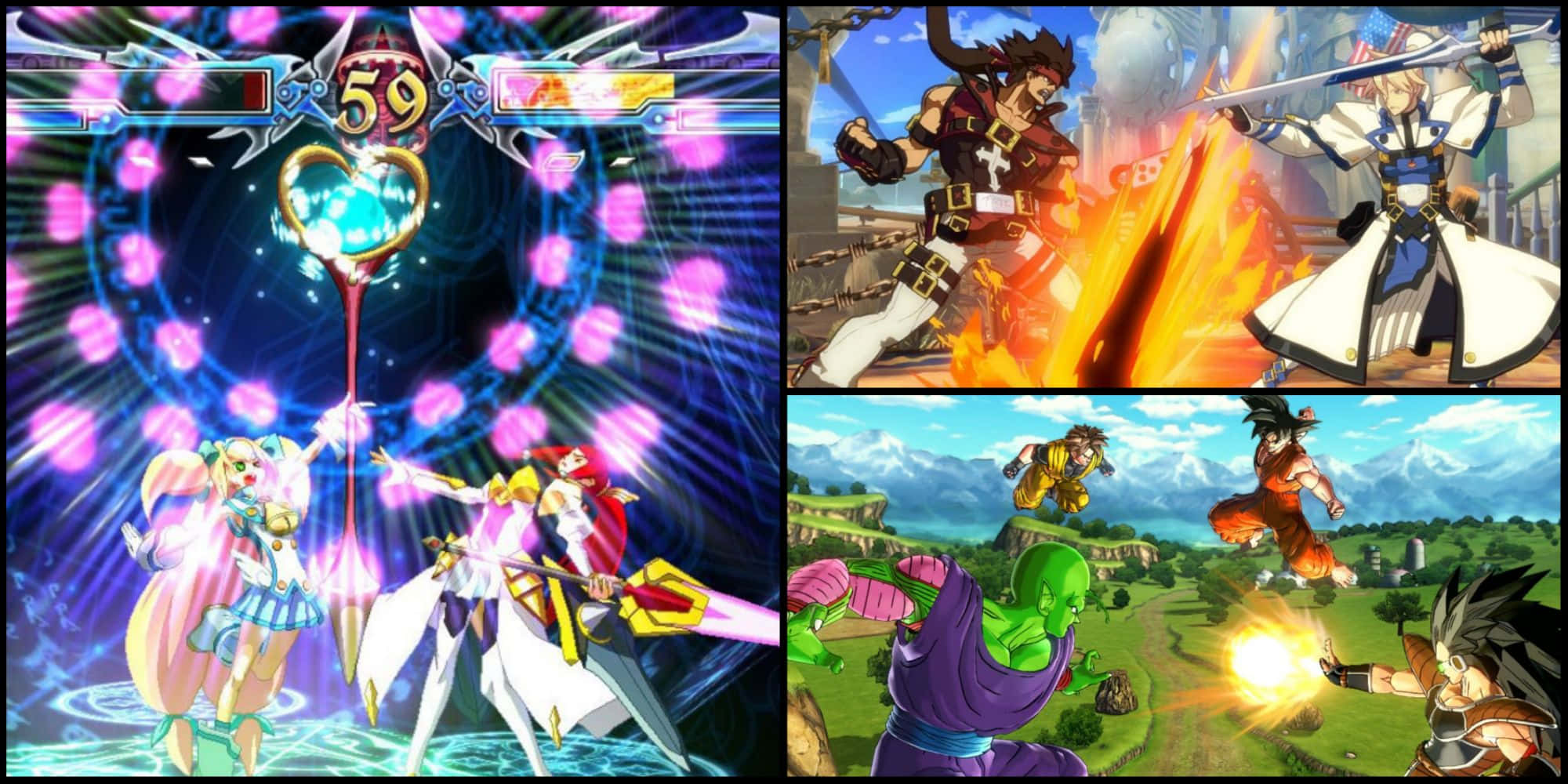 Fighting Games 桌布 壁紙 — 充滿活力的動漫戰鬥場景，角色在動態戰鬥中帶有發光的能量效果和色彩繽紛的背景。