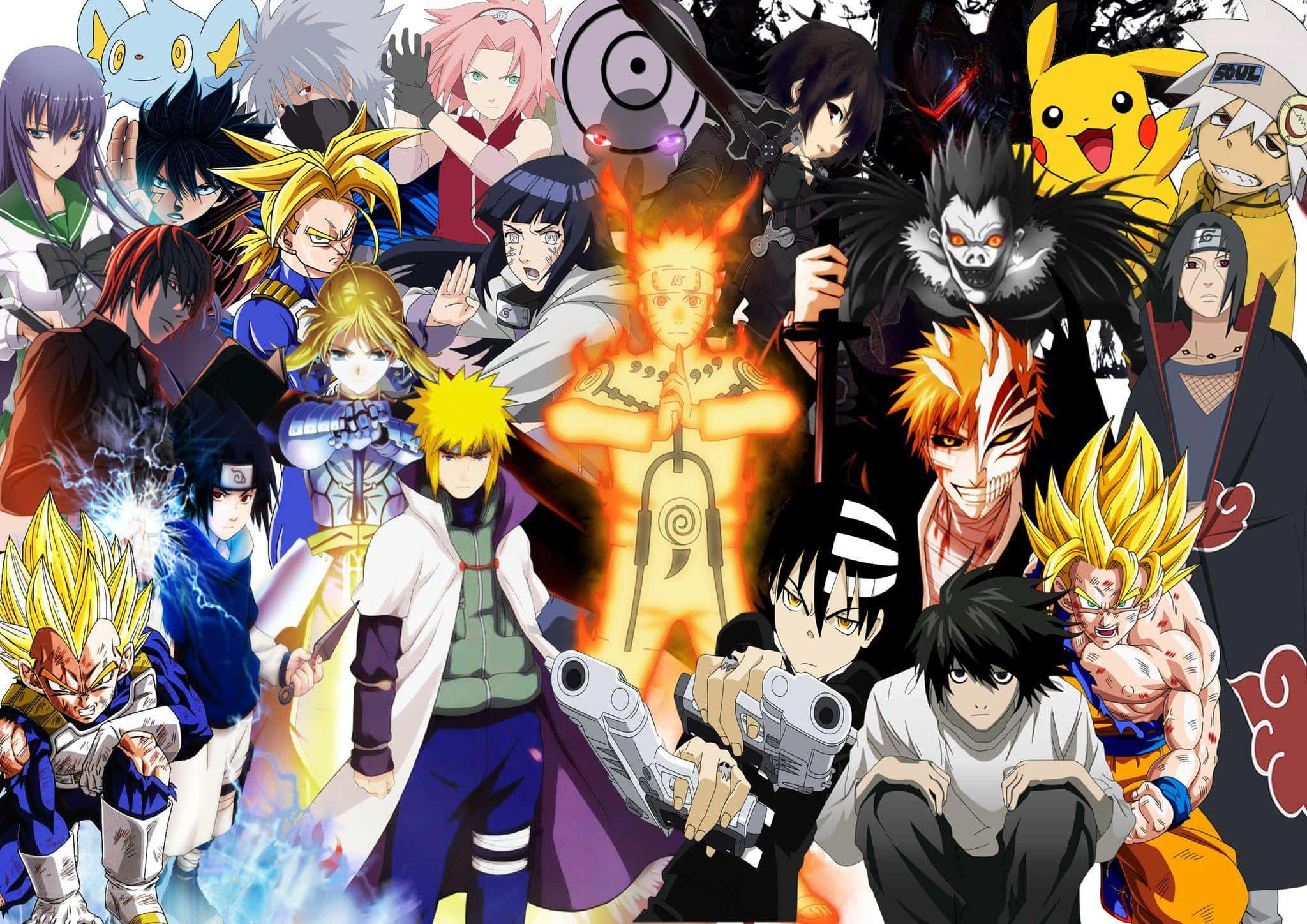 Anime Collage 桌布 壁紙 — 充滿活力的動漫拼貼畫， featuring 標誌性角色如鳴人、悟空和比卡超，以動態姿勢呈現，帶有發光效果。