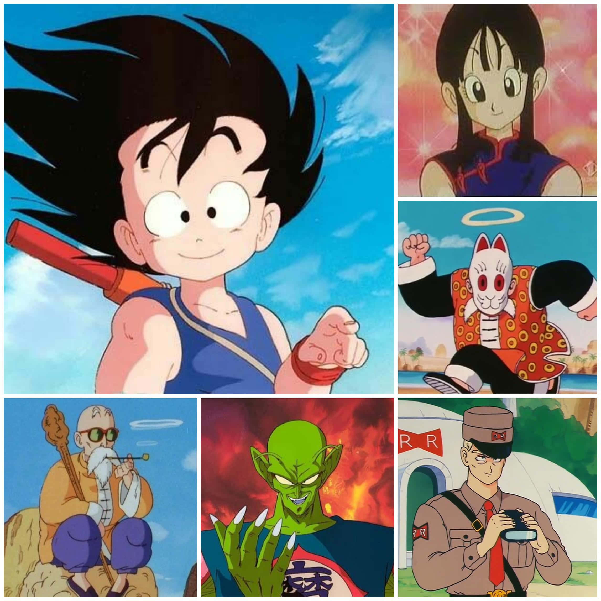 Dragon Ball Characters 桌布 壁紙 — 充滿活力的動漫拼貼畫， featuring 標誌性的龍珠角色，如年輕的悟空、布爾瑪和比克，背景動感十足。