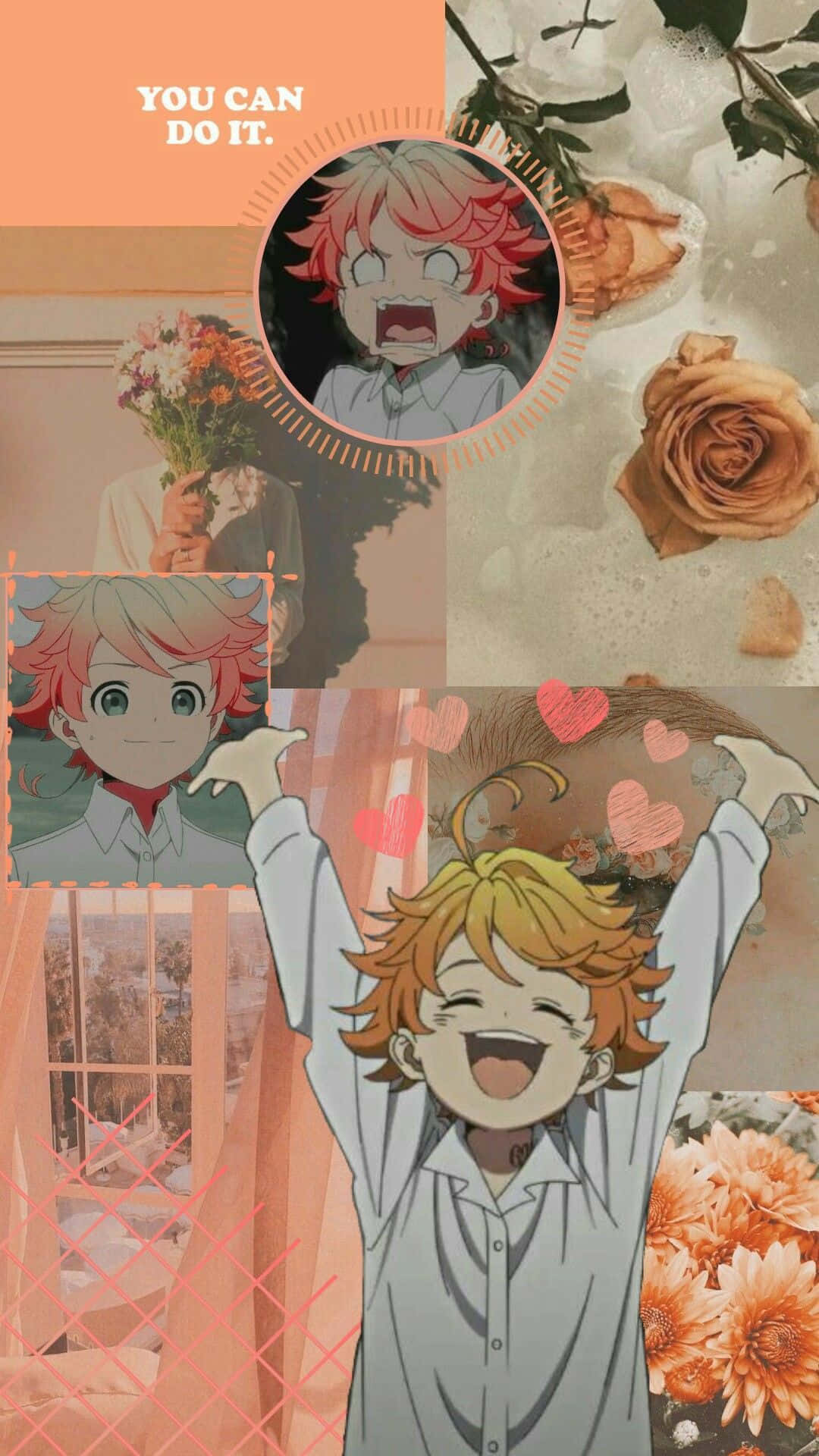 The Promised Neverland Emma 桌布 壁紙 — 充滿活力的動漫拼貼畫，以溫暖的蜜桃色調呈現歡樂且情感豐富的角色，搭配花朵和勵志文字。