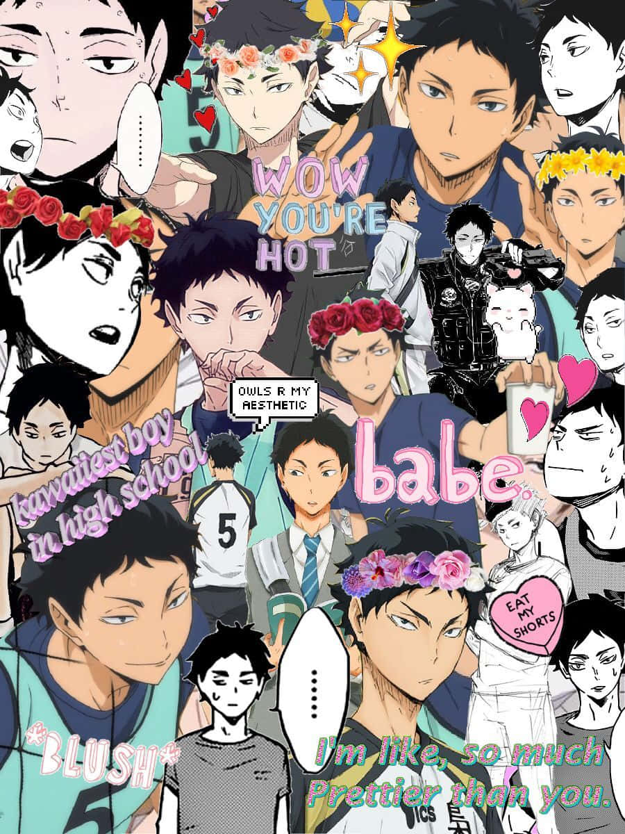 Keiji Akaashi 桌布 壁紙 — 充滿活力的動漫拼貼畫，包含多個戴著花冠的男性角色和浪漫的文字疊加。