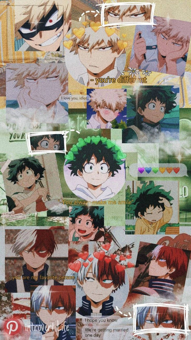 Colorful Aesthetic My Hero Academia Characters 壁紙 — 充滿活力的動漫拼貼畫，包含多個表情豐富的角色，並在紋理背景上疊加浪漫文字。