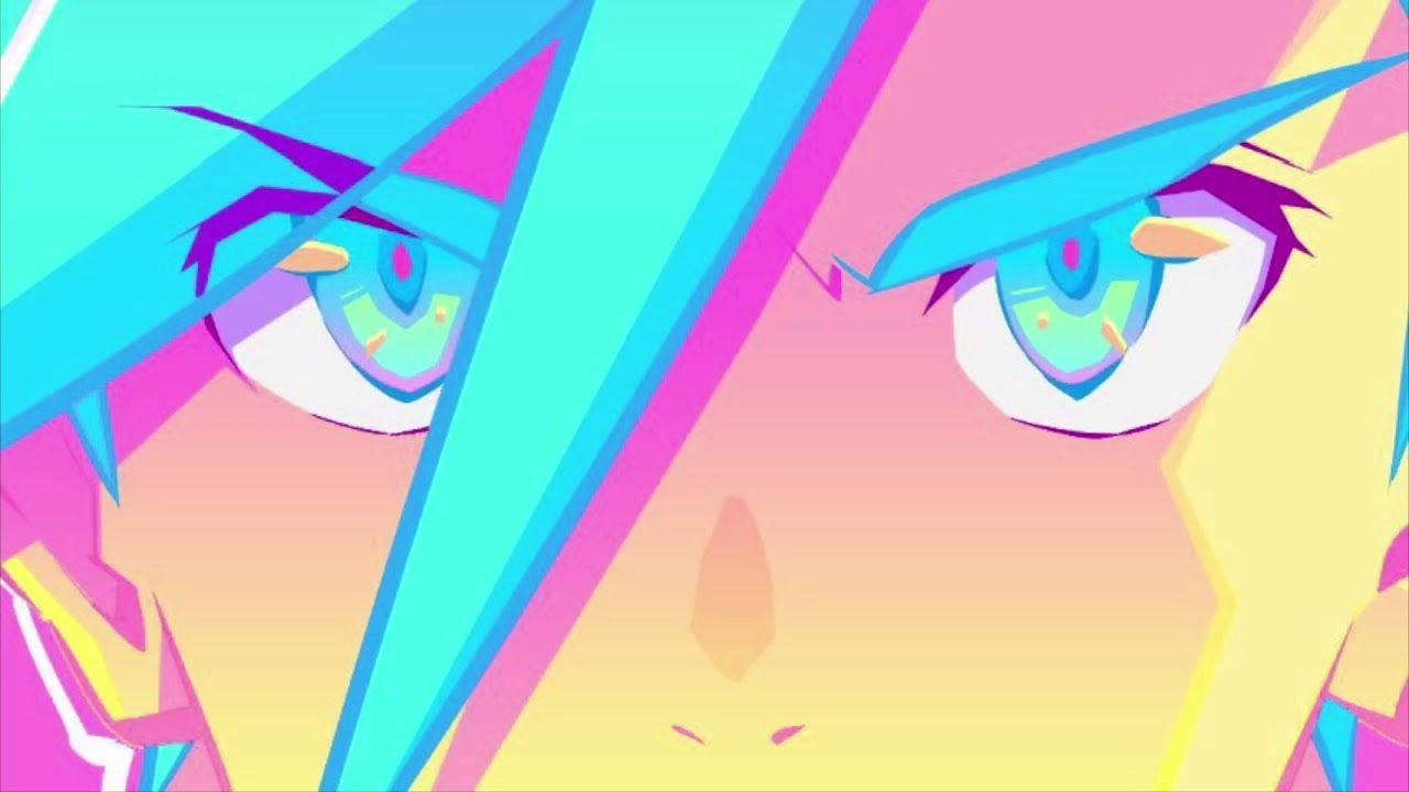 Bright Blue Galo Promare 壁紙 — 充滿活力的動漫眼睛，帶有霓虹粉、藍和黃色的銳利幾何髮絲。