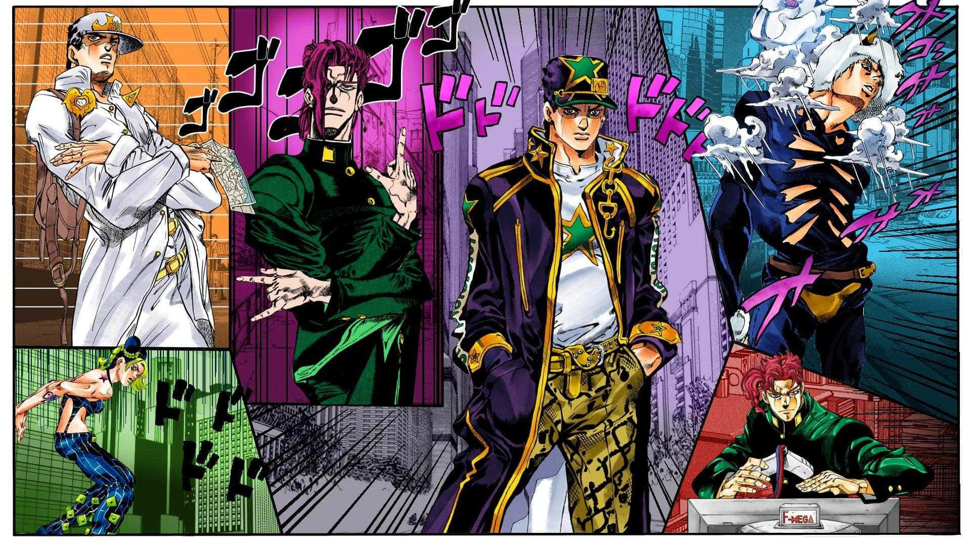 Jojo Pose 桌布 壁紙 — 充滿活力的動漫角色，以動態姿勢搭配大膽色塊和日語擬聲詞。