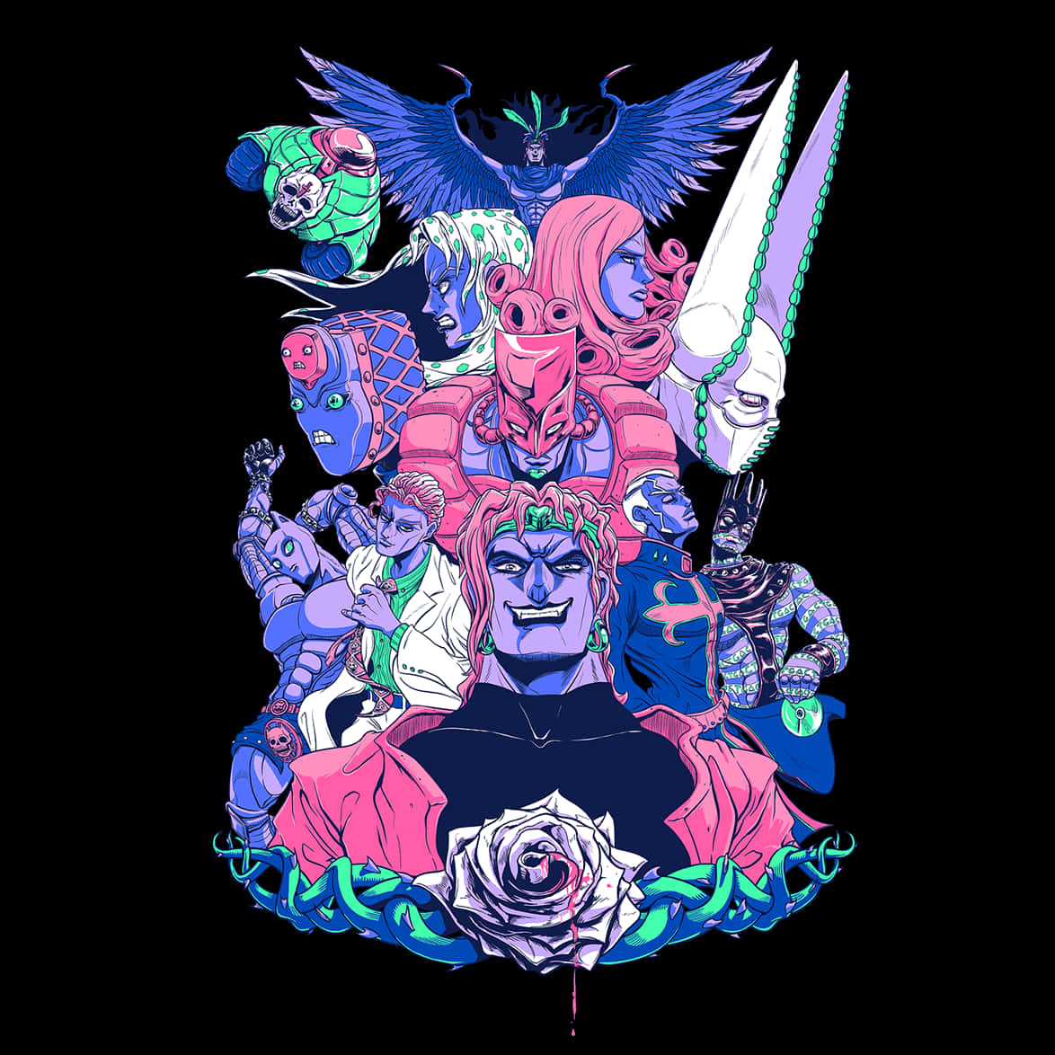 Jojo Stands 桌布 壁紙 — 充滿活力的動漫角色，以大膽的粉紅、藍色和綠色色調排列成動態拼貼畫，背景為黑色。