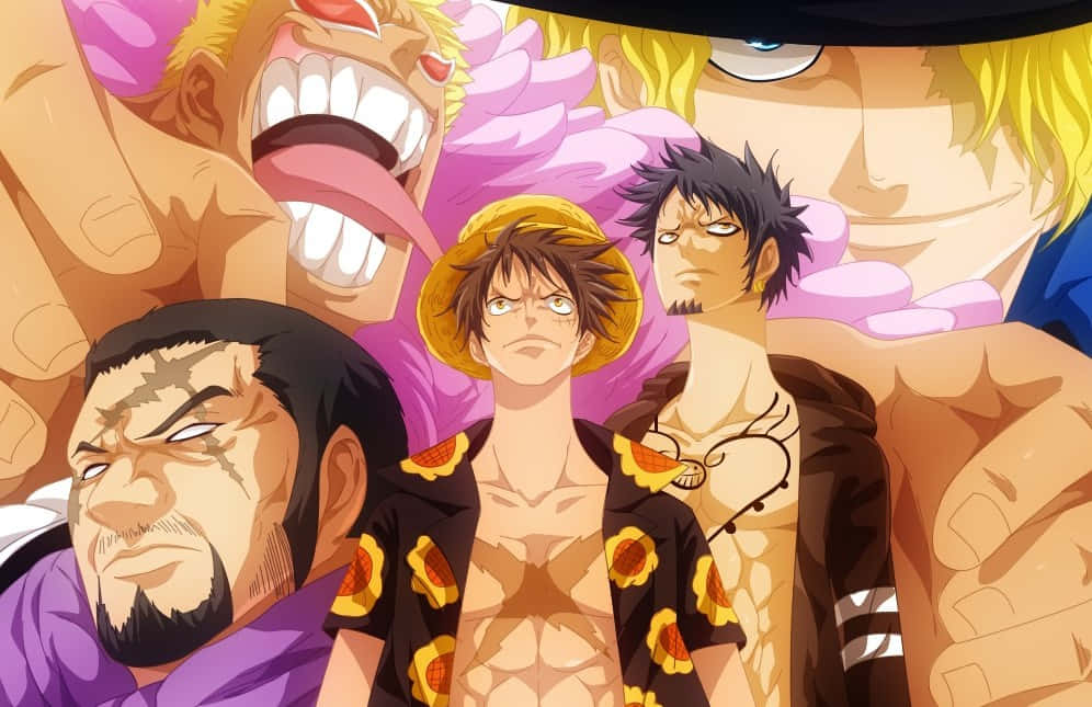 Dressrosa 桌布 壁紙 — 充滿活力的動漫角色，帶有強烈的表情和鮮明的色彩，構成動態的畫面。
