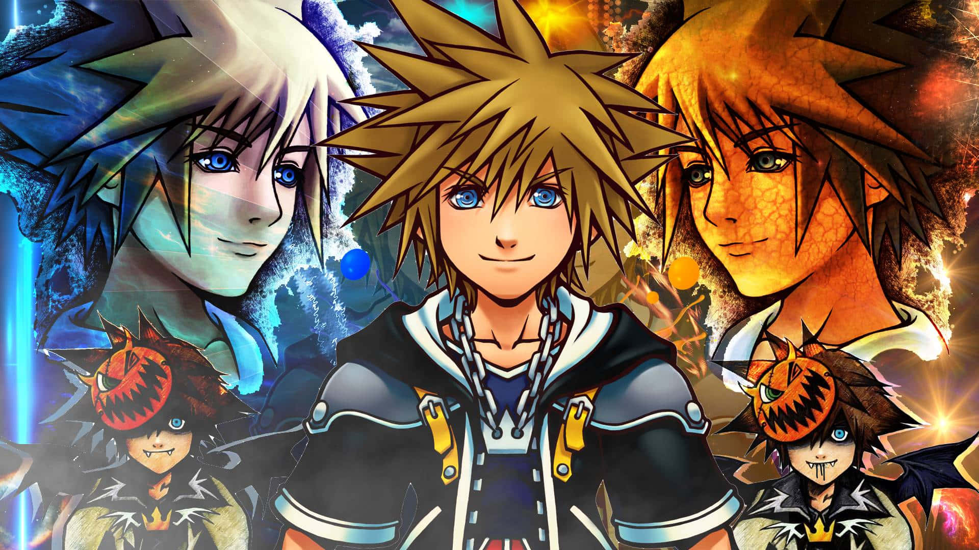 Kingdom Hearts Sora 桌布 壁紙 — 充滿活力的動漫角色，擁有尖刺頭髮和發光的眼睛，英雄般地站在動態的宇宙背景前。