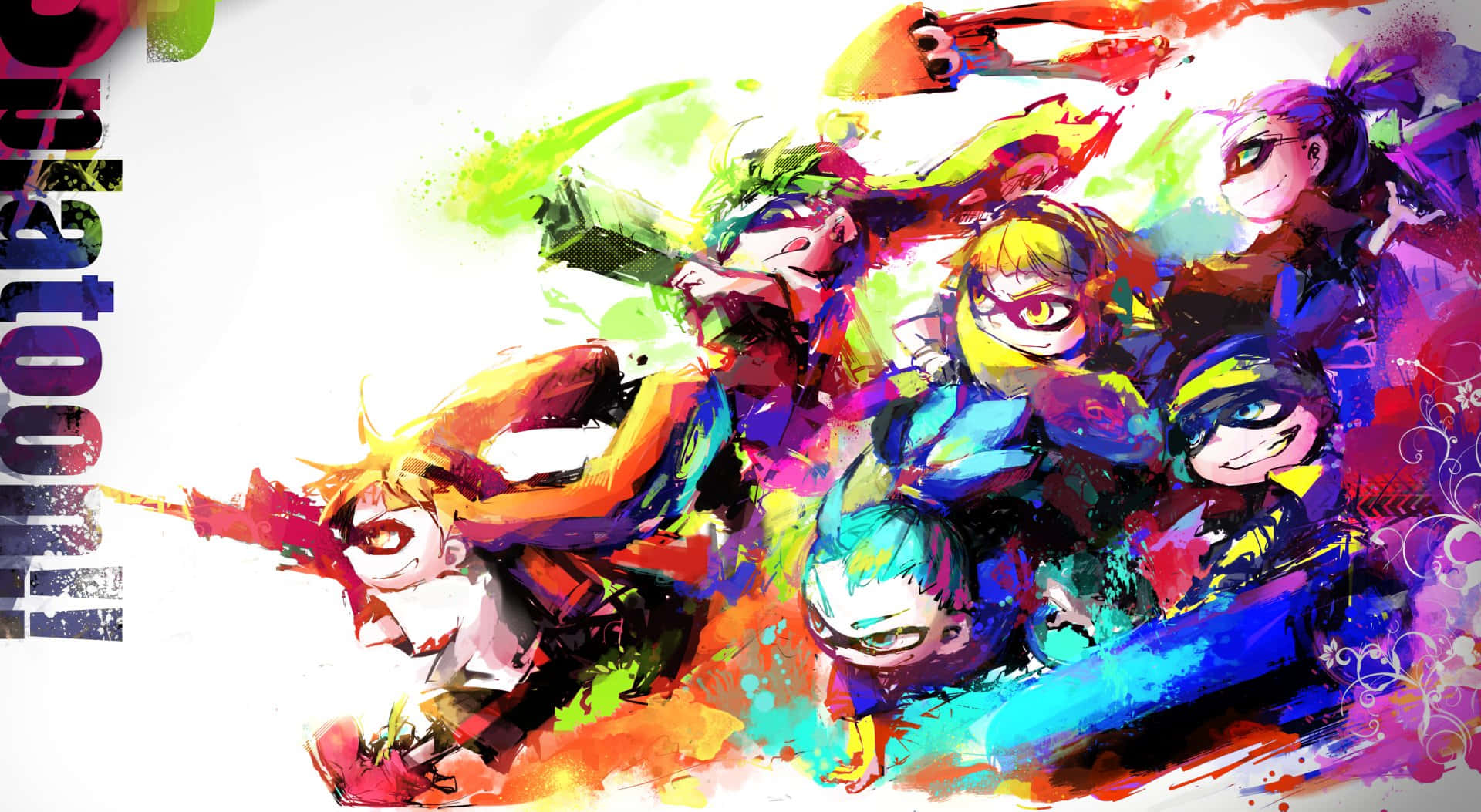 splatoon 桌布 壁紙 — 充滿活力的動漫角色以動態姿勢在明亮的白色背景上爆發出色彩繽紛的顏料飛濺。