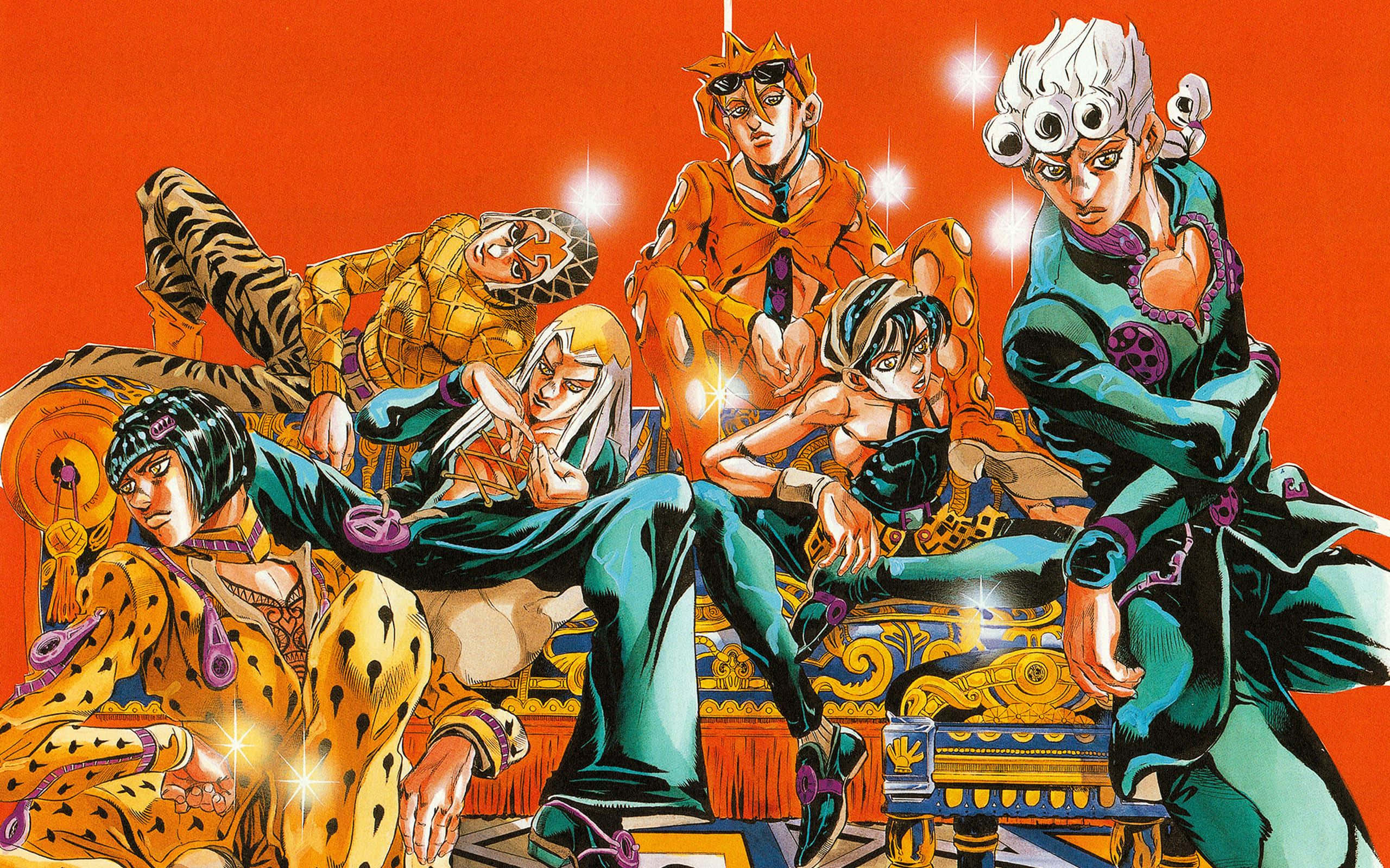 Vento Aureo 桌布 壁紙 — 充滿活力的動漫角色以大膽圖案在火熱橙色背景上動態擺姿勢，帶有閃爍高光。