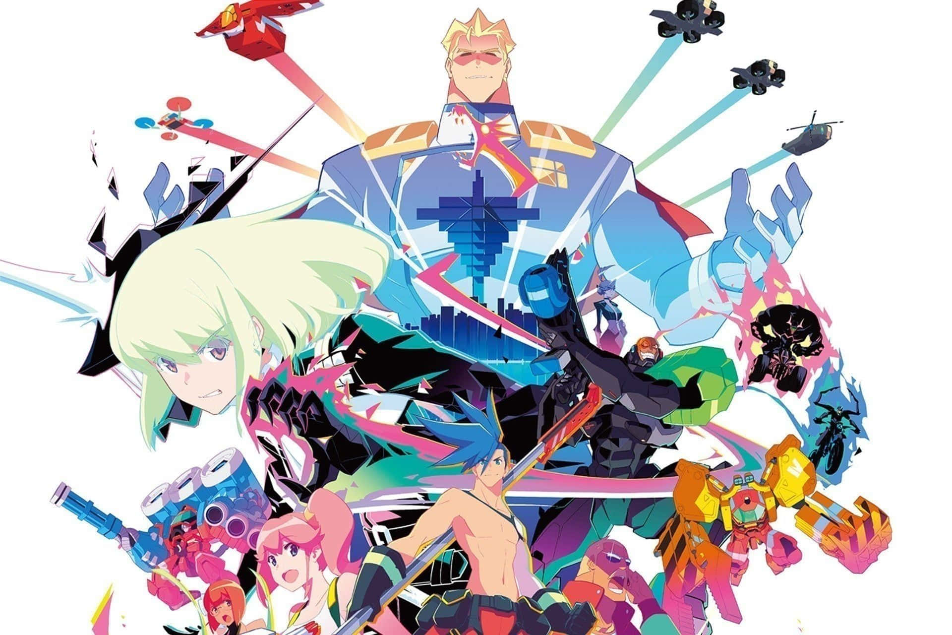 Promare 桌布 壁紙 — 充滿活力的動漫角色和機甲在純白背景上以動態動作爆發。