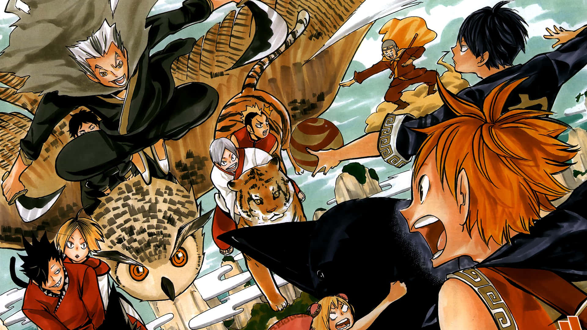 Manga Characters 桌布 壁紙 — 充滿活力的動漫角色在混亂、動作密集的場景中與老虎和貓頭鷹等兇猛野獸戰鬥。