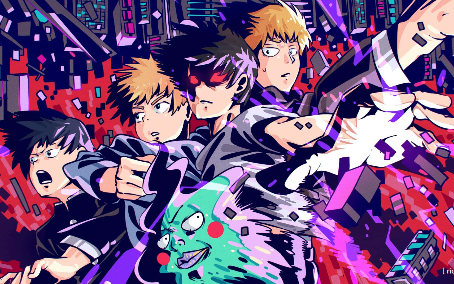 Arataka Reigen 桌布 壁紙 — 充滿活力的動漫角色在混亂的城市戰鬥中，伴隨著鮮豔的紫色、紅色和藍綠色能量爆發。