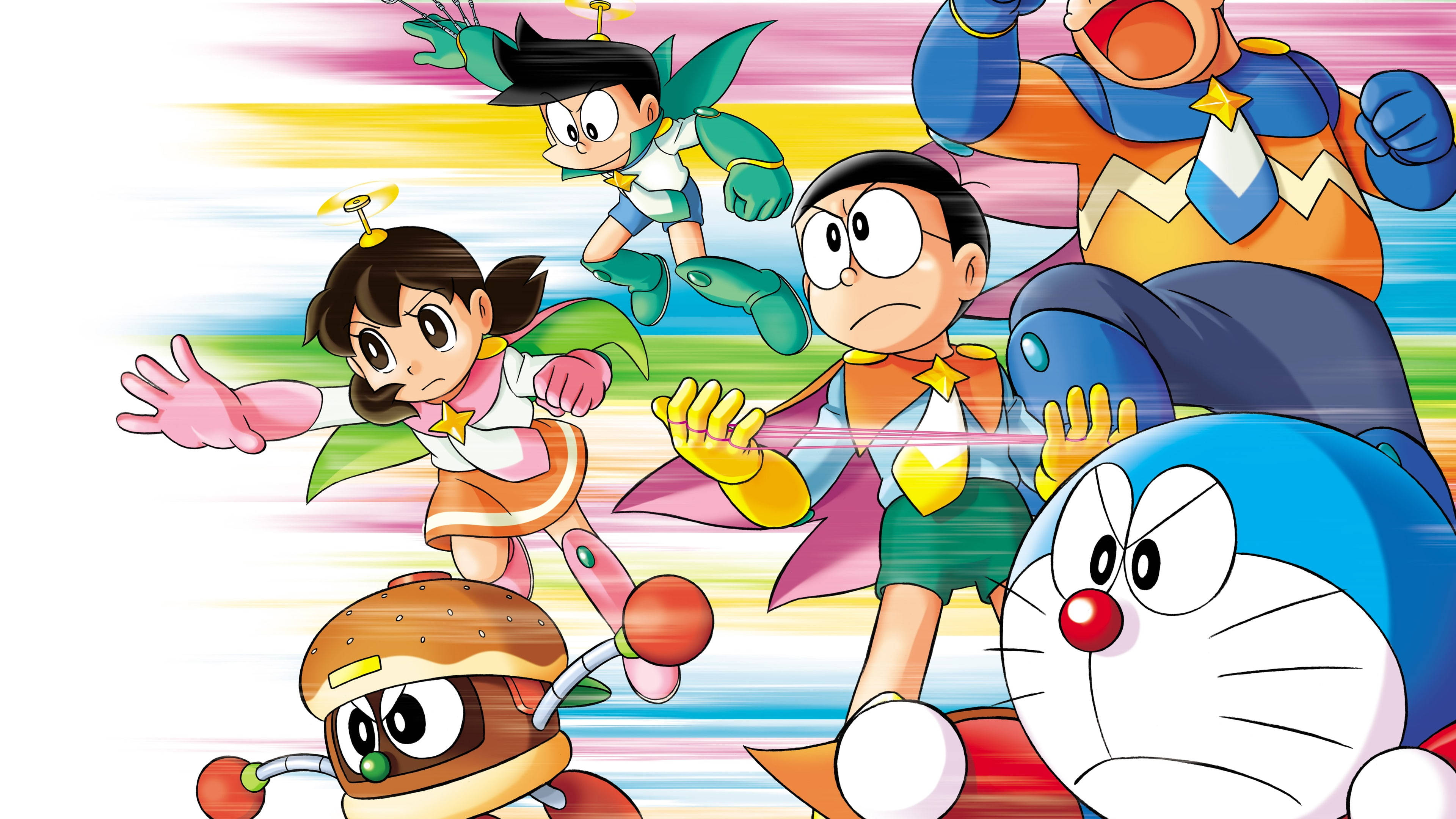 doraemon 4K 桌布 壁紙 — 充滿活力的動漫角色帶著堅定的表情，在色彩繽紛的條紋背景中疾馳。