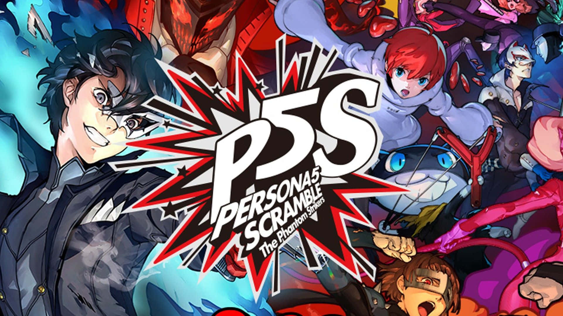 Persona 5 Strikers 桌布 壁紙 — 充滿活力的動漫角色從 Persona5 Scramble 標誌周圍的動態紅白爆炸圖形中迸發出來。
