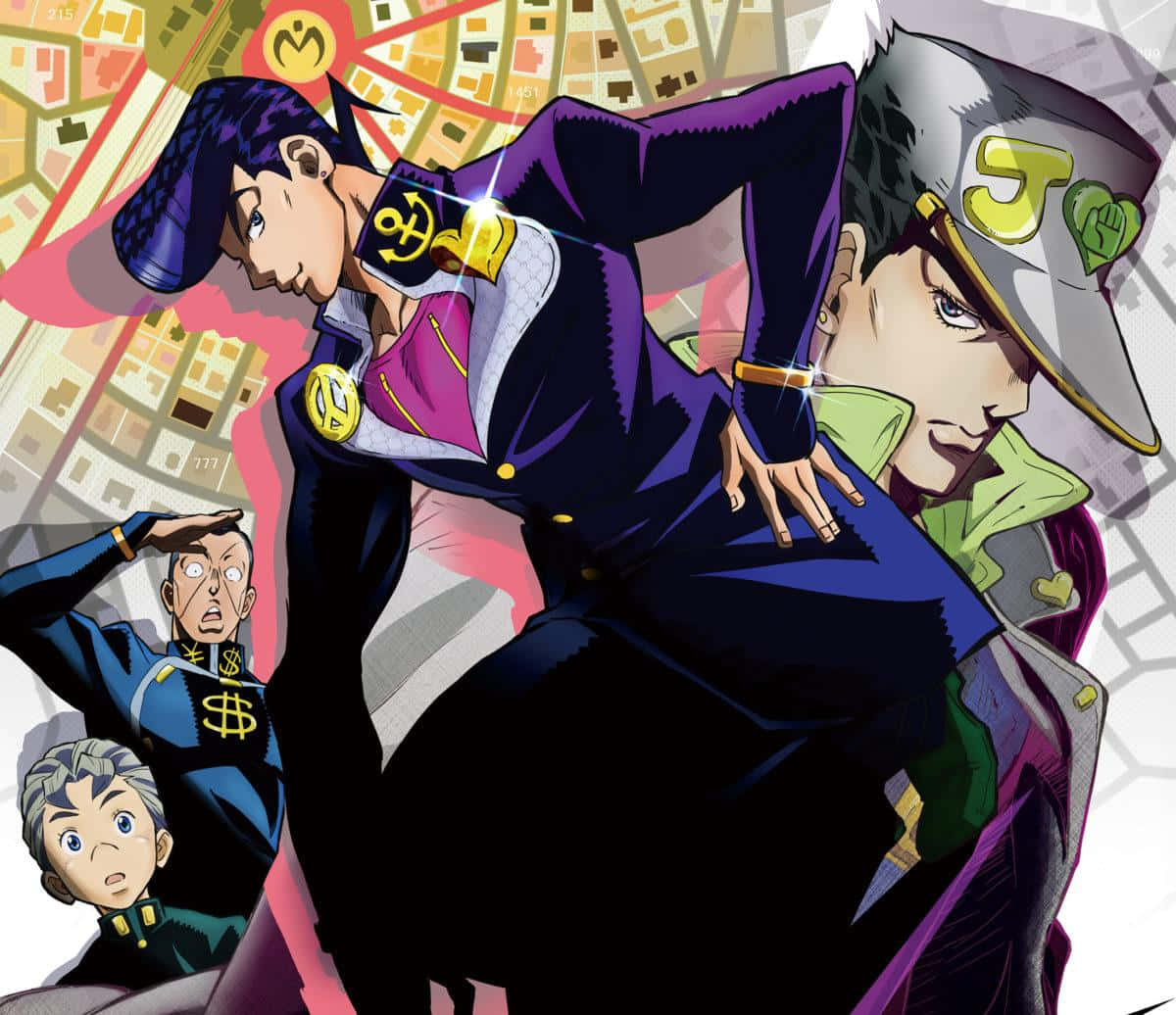Josuke Higashikata 桌布 壁紙 — 充滿活力的動漫角色穿著大膽的紫色和金色服裝，在風格化的城市景觀背景下戲劇性地擺姿勢。
