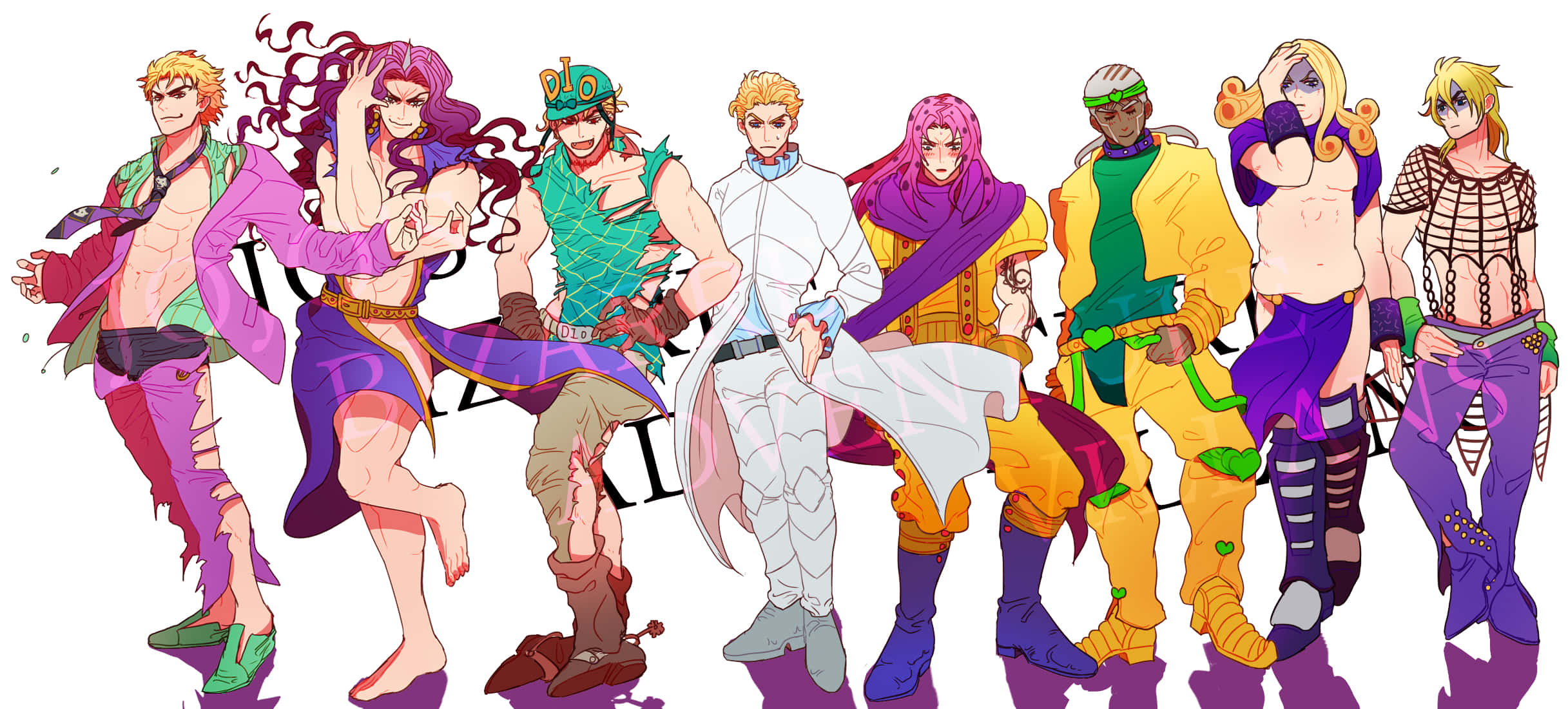 Jojo Steel Ball Run 桌布 壁紙 — 充滿活力的動漫角色穿著大膽鮮豔的服裝，在純白色背景前動態擺姿勢。