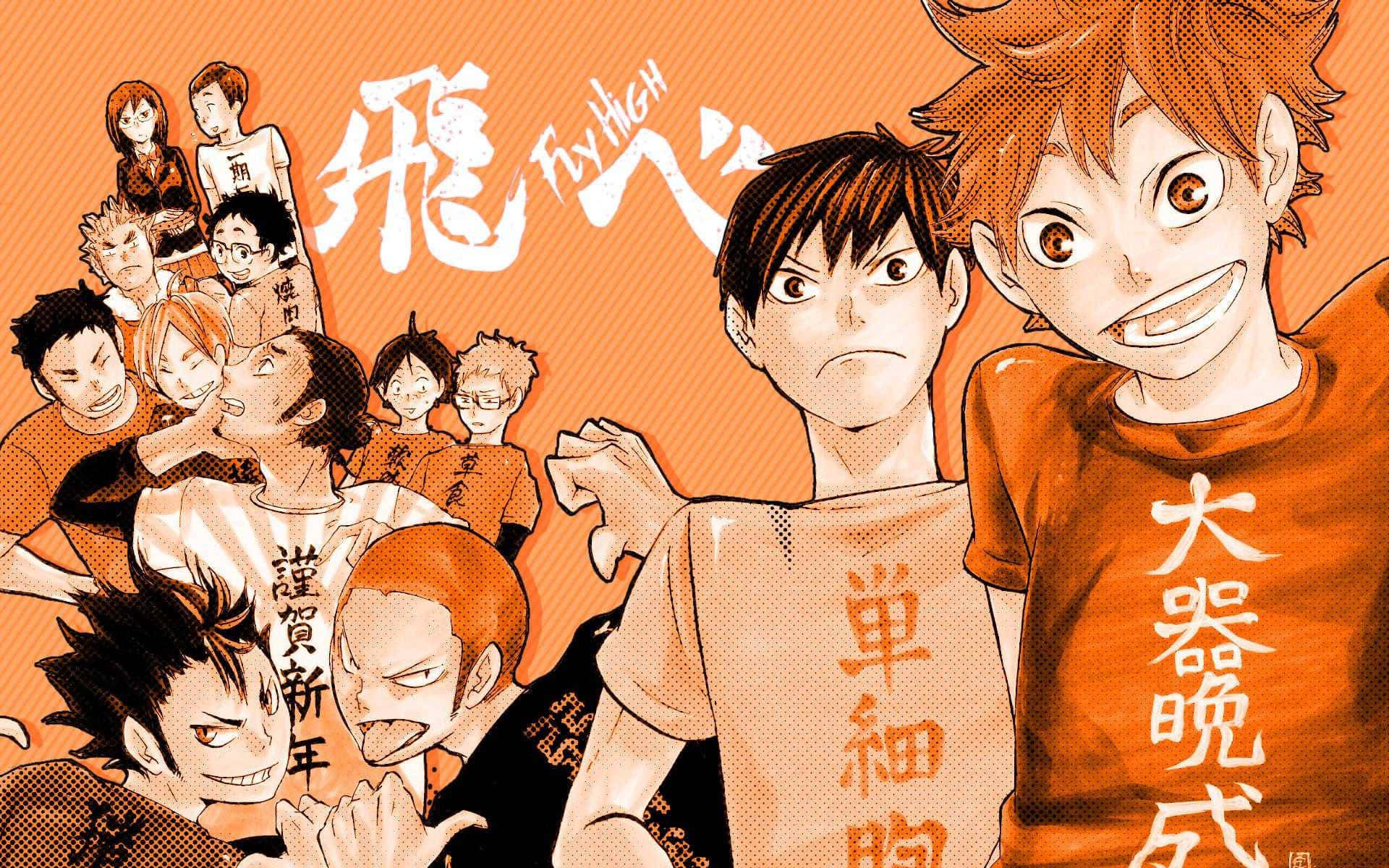 Haikyuu Captains 桌布 壁紙 — 充滿活力的動漫角色穿著橙色球衣，在帶有日文字和「Fly High」標語的大膽橙色背景前充滿活力地擺姿勢。