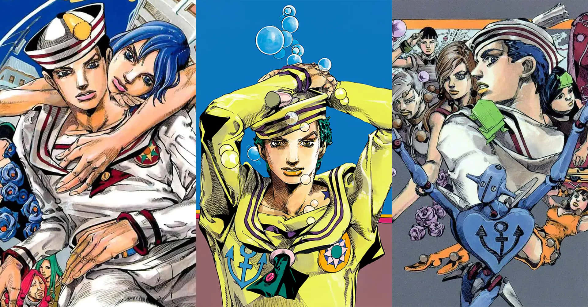 Jojolion 桌布 壁紙 — 充滿活力的動漫角色穿著水手服，色彩大膽，姿勢動感。