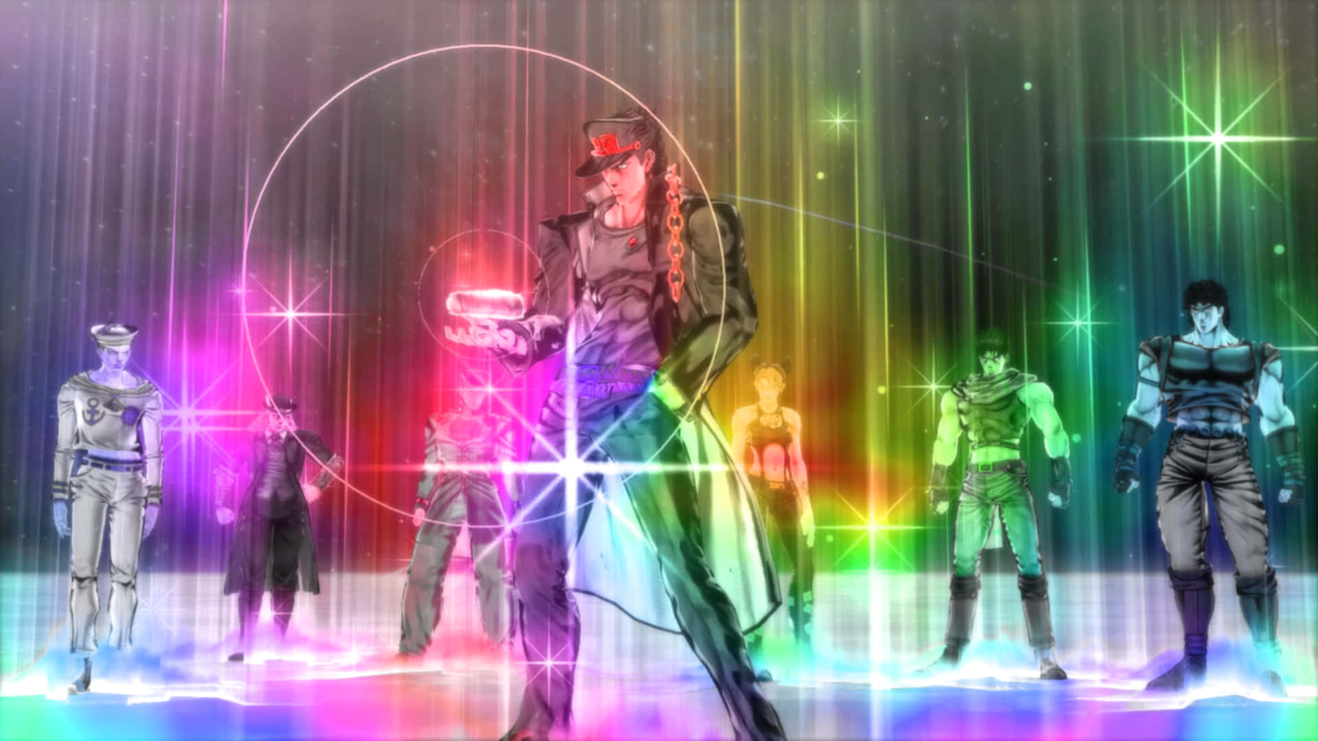 Battle Tendency 桌布 壁紙 — 充滿活力的動漫角色站在閃爍彩虹燈光、帶有閃爍星爆和垂直光束的舞台上。