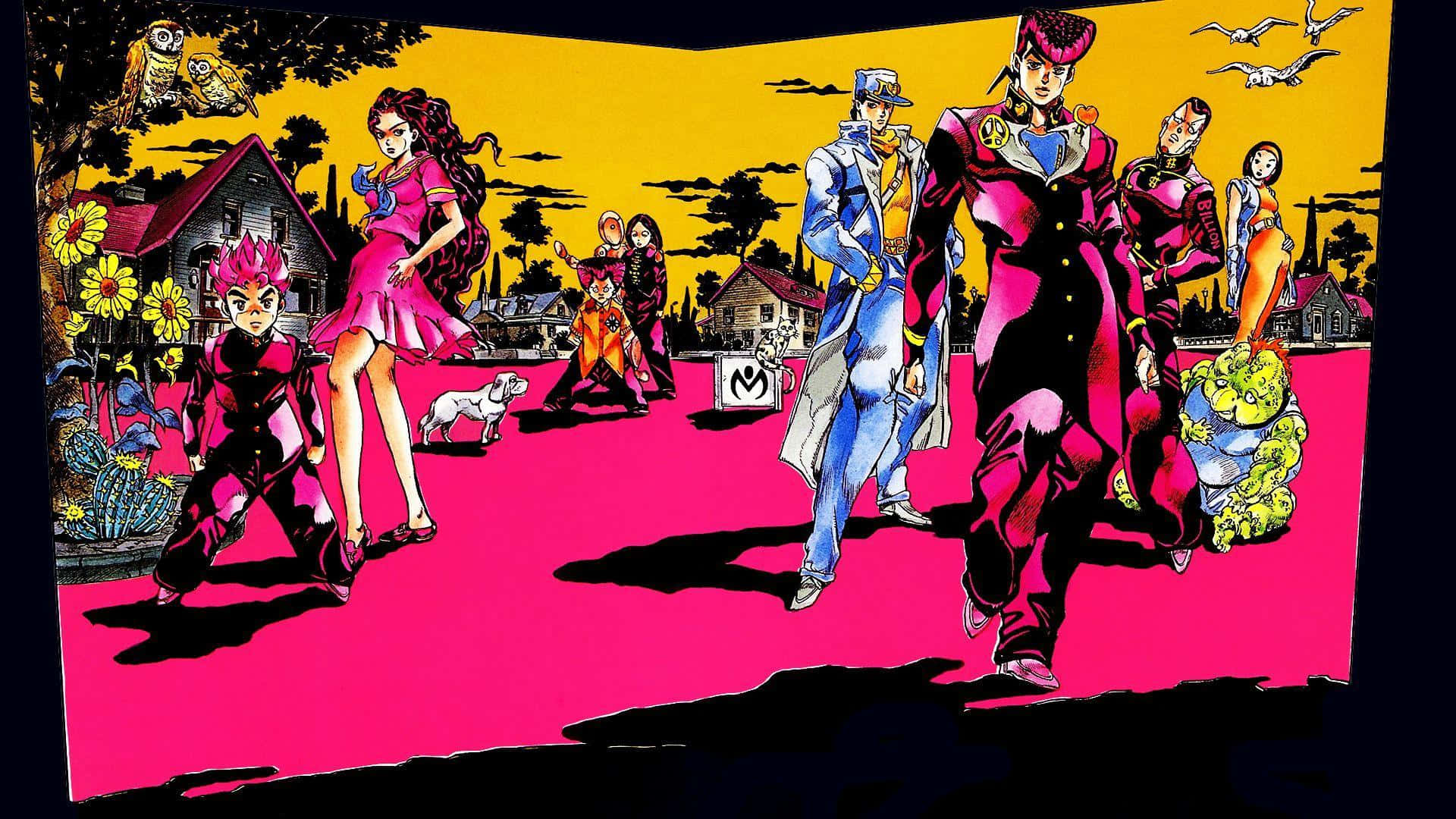 Jojo Stands 桌布 壁紙 — 充滿活力的動漫角色自信地走在一條超現實的粉紅色街道上，背景是帶有向日葵和房屋的鮮豔黃色天空。