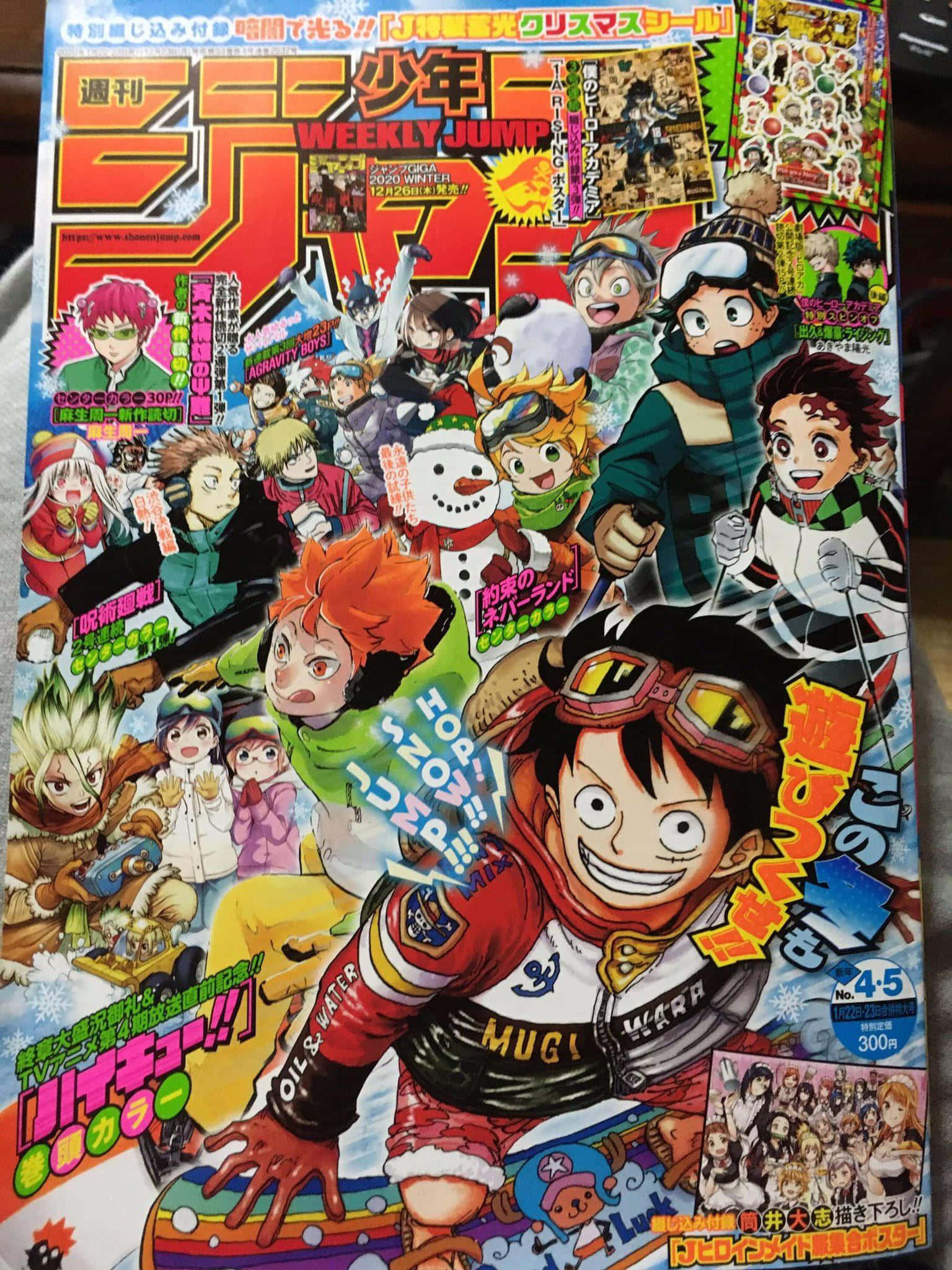 Shonen Jump 桌布 壁紙 — 充滿活力的動漫雜誌封面，充滿歡樂的冬季運動角色，穿著節日服裝。