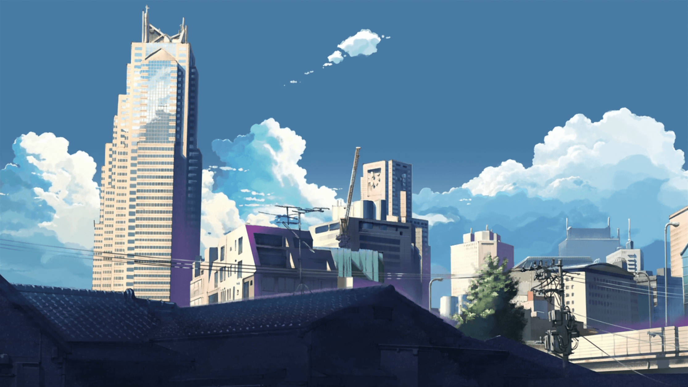 Skyscraper 桌布 壁紙 — 充滿活力的動漫風格城市景觀，高聳的摩天大樓和傳統屋頂在明亮的藍天和蓬鬆的白雲下。