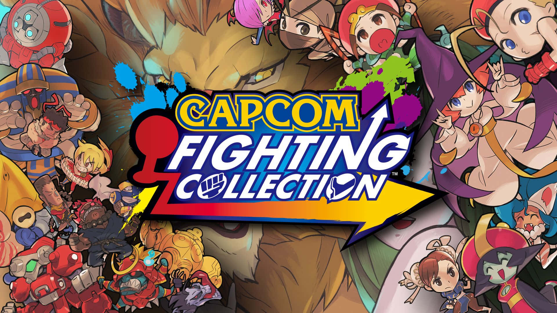Fighting Games 桌布 壁紙 — 充滿活力的動漫風格壁紙，以 Capcom Fighting Collection 標誌為中心，周圍環繞著各種遊戲角色，擺出動態姿勢。