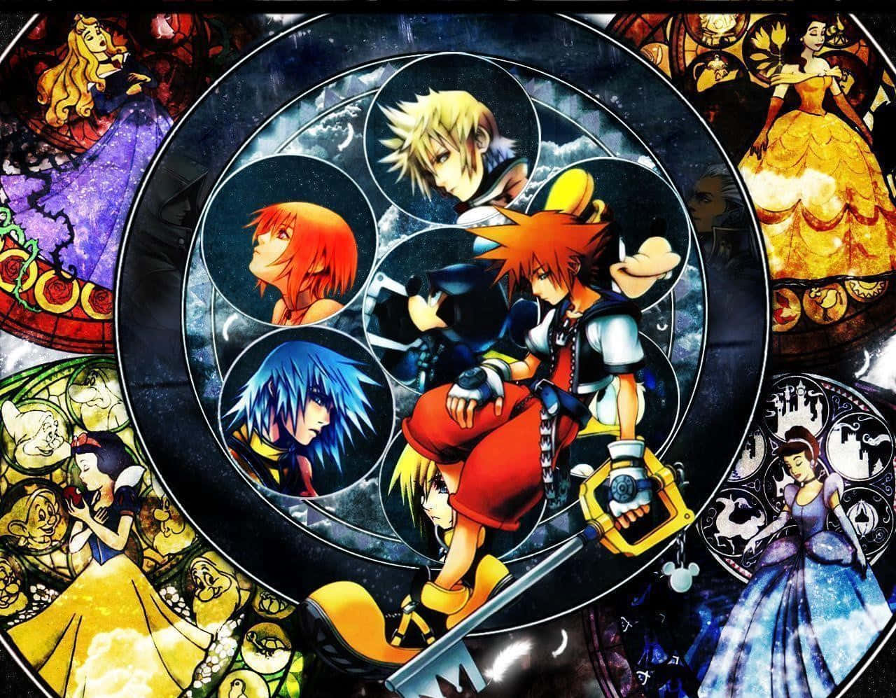 Kingdom Hearts Sora 桌布 壁紙 — 充滿活力的動漫風格壁紙，以圓形框架中的王國之心角色為特色，周圍環繞著迪士尼公主的彩繪玻璃藝術。