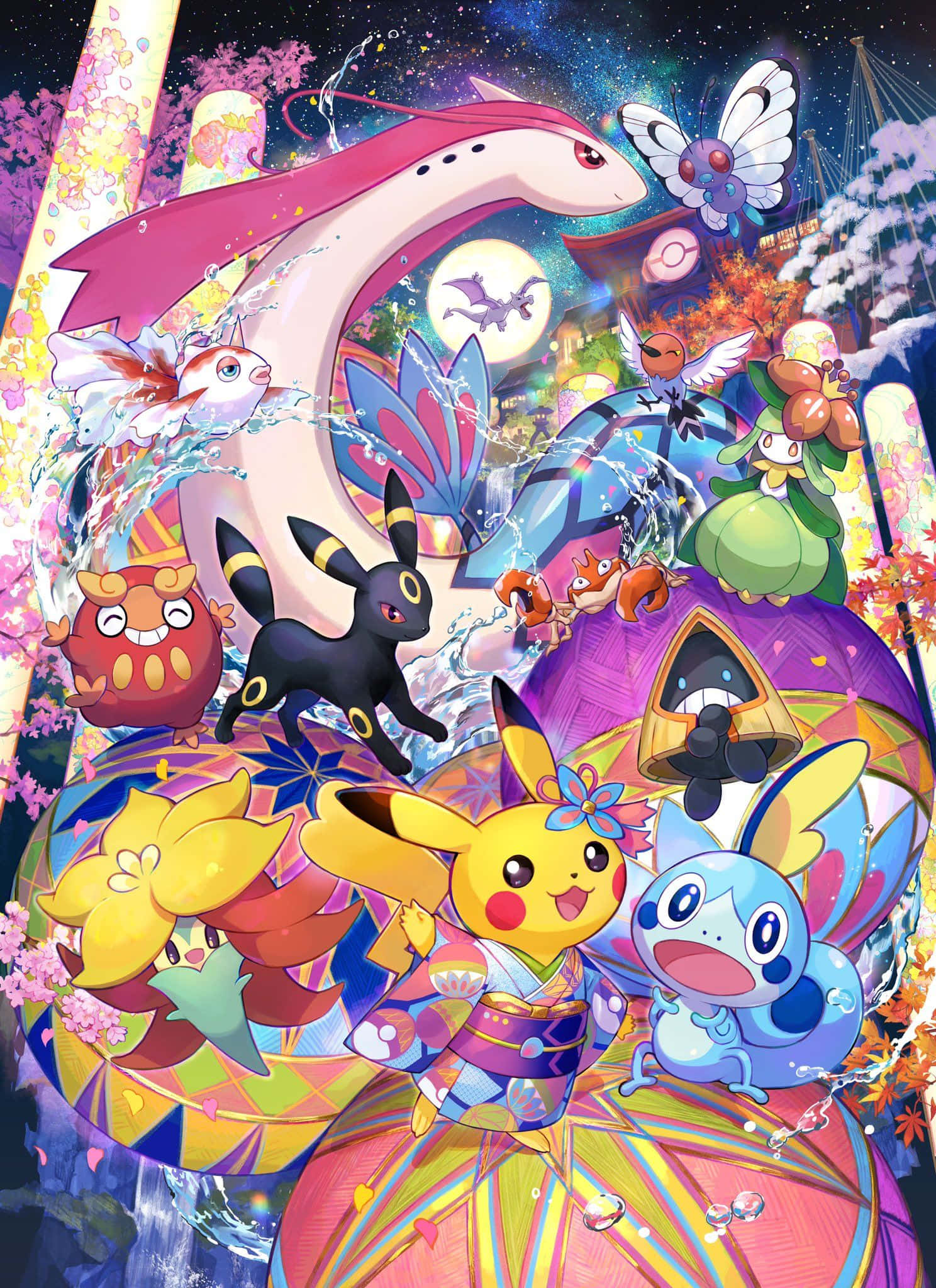 Pokemon Posters 桌布 壁紙 — 充滿活力的動漫風格寶可夢在月光下聚集於節日櫻花夜景中。